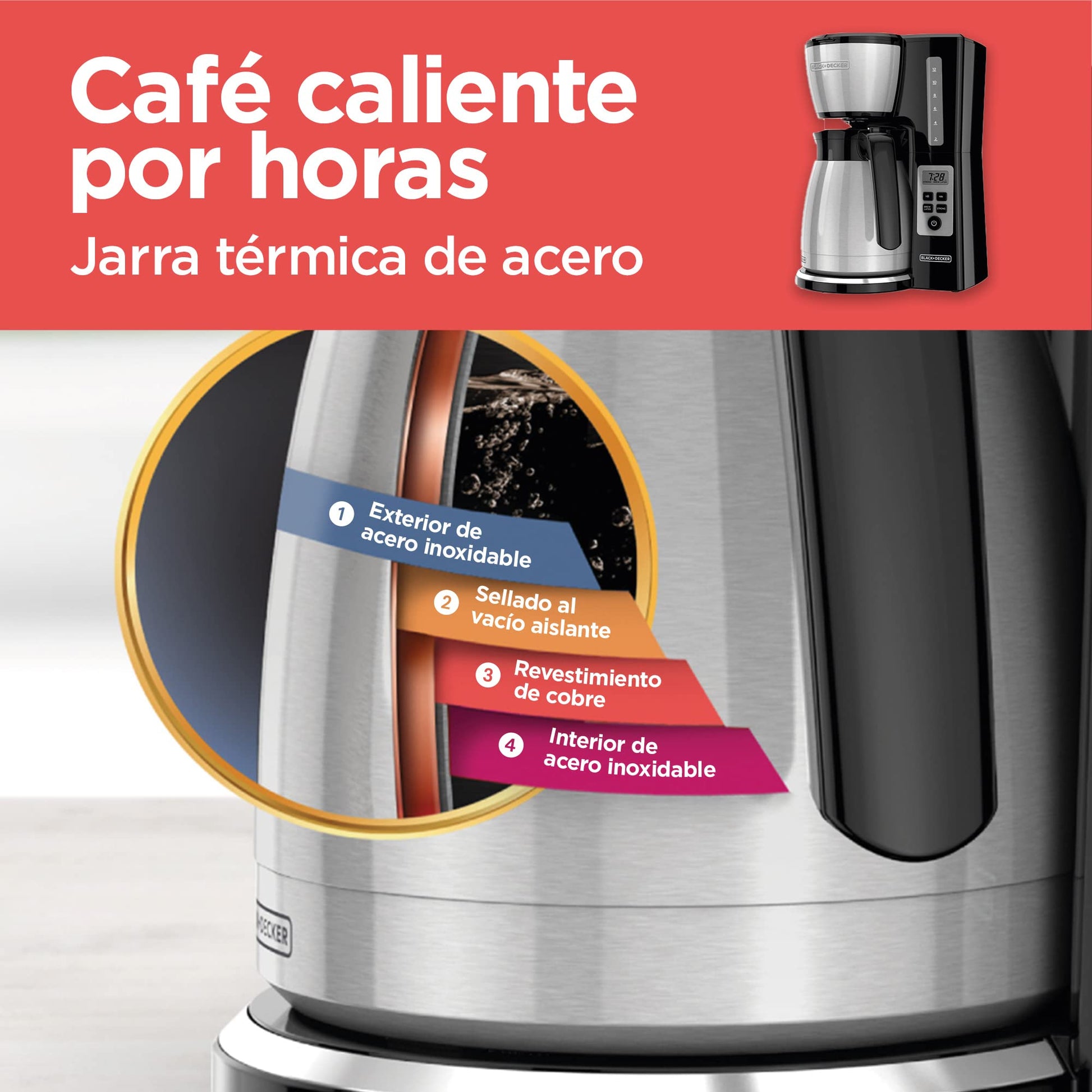 Cafetera BLACK+DECKER Automática Jarra Térmica de acero. 12 Tazas