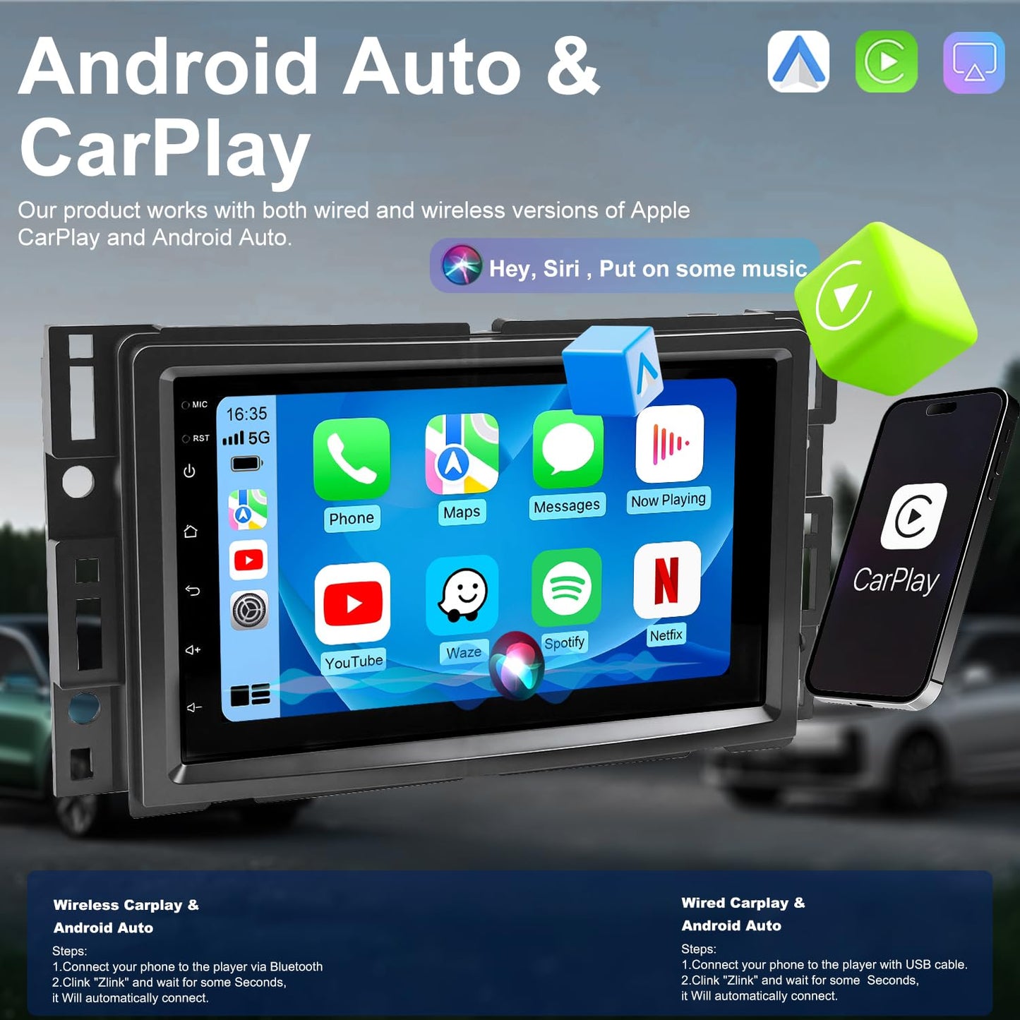 Actualización de Radio para Automóvil 5G WiFi para Chevy Chevrolet Malibu 2008 2009 2010 2011 2012, Principal Estéreo con Pantalla Táctil de 7 Pulgadas con CarPlay Inalámbrico, Android Auto, GPS