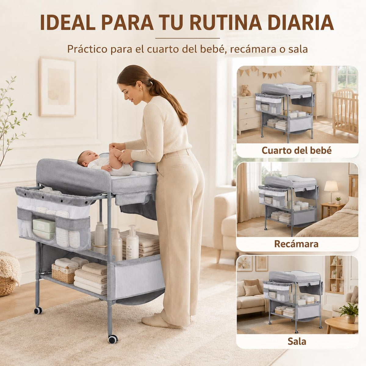 Cambiador para Bebe Plegable,Estación de Cambio de Pañales Impermeable Versátil,Ajustable en 3 Alturas,360°Ruedas,Mobile nursery for newborns