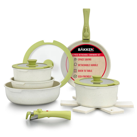 Bakken 15-Piece Non-Stick Cookware Set with Detachable Handles – Granite Stackable Pots and Pans Set, Dish Washer Safe, Oven-Safe, and Compatible Kitchen Essential for All Stoves – Green/Cream