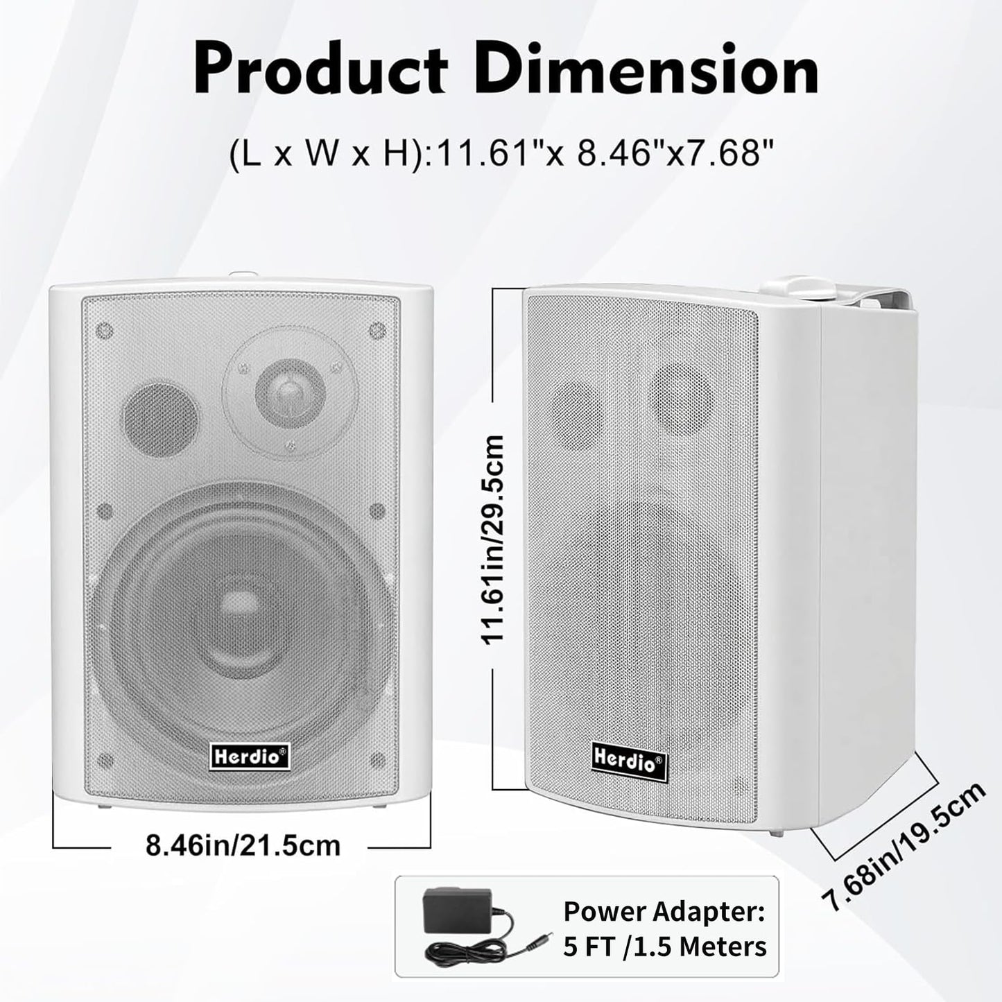 Herdio 6.5" 400W MAX Power Wall Mount Outdoor Bluetooth Speakers, Be Waterproof and Able to Wireless Multi-Connection Up to 20 Units for Patio/Porch/Balcony (White, 2-Pack)