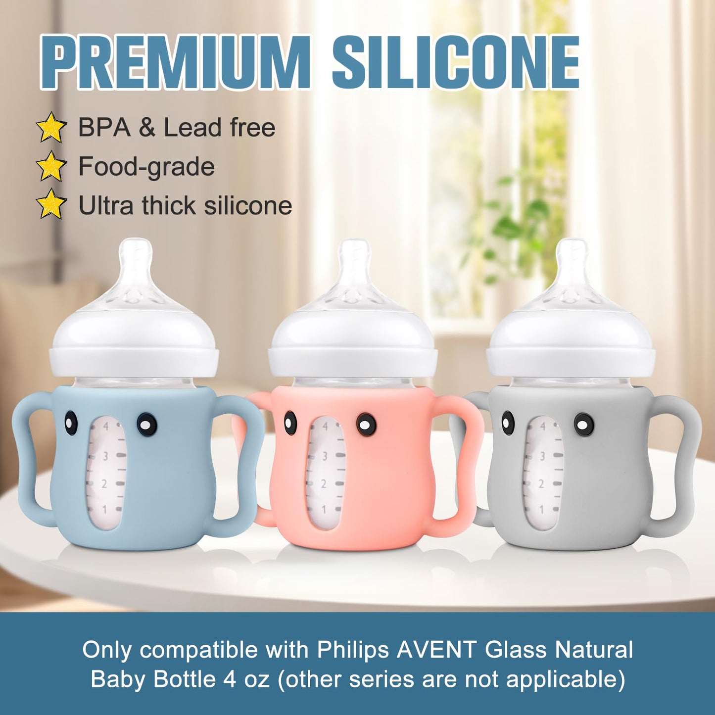 Paquete de 3 bonitas fundas de silicona con asas para biberones de vidrio natural Avent, soporte para biberones de bebé antiroturas, compatible con biberones anticólicos de Philips Avent, 4 onzas, sin