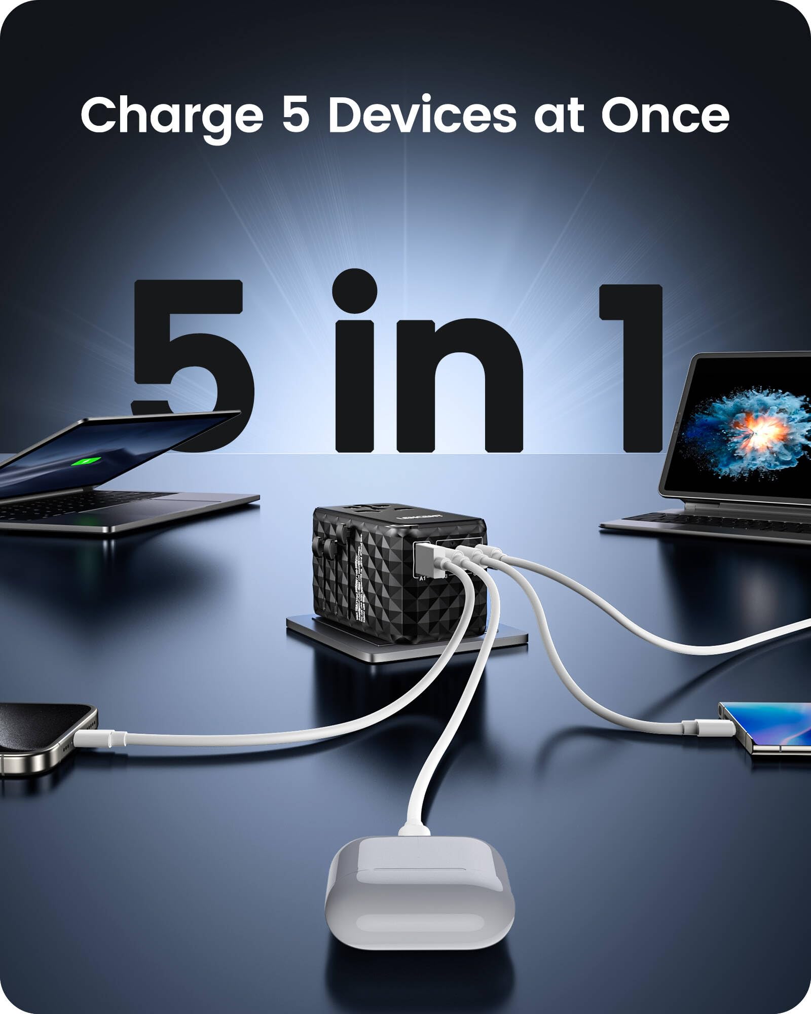 LENCENT Adaptador Universal de Viaje, 120W Internacional con 1 USB y 3 USB-C PD Carga Rápida, Cargador Europeo con Enchufe Tipo A/C/G/I para USA/UE/Reino Unido/Australia, Negro