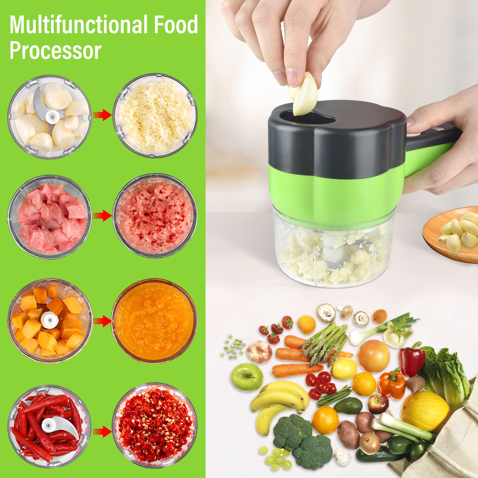 Cortador eléctrico de verduras 4 en 1, portátil, recargable, inalámbrico procesador de alimentos y picadora, rebanada de alimentos para el hogar, cocina, ajo, pimienta, chile, cebolla, apio, jengibre