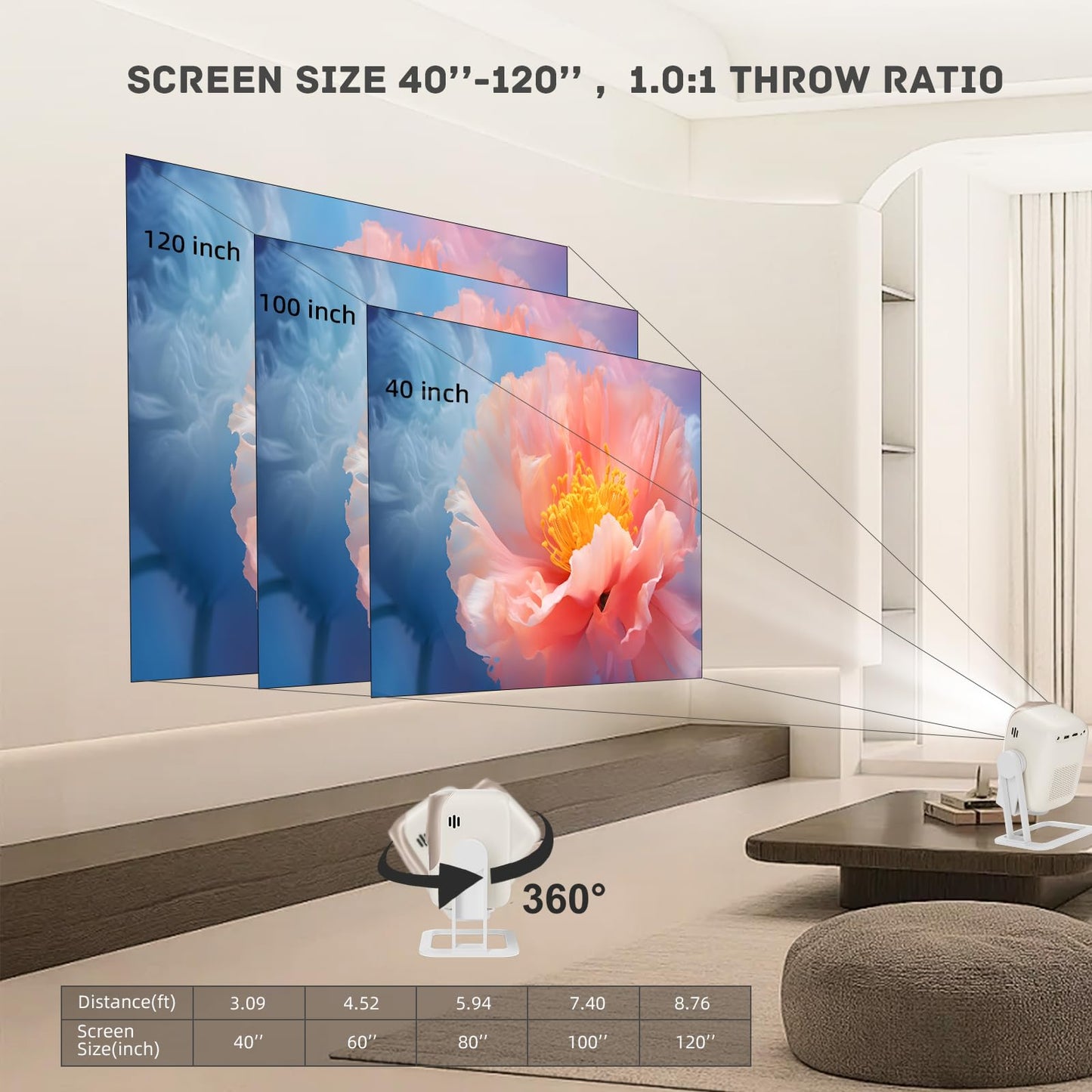 Kinhank Proyector inteligente con WiFi 6 y BT5.2, proyector de película portátil, 450 lúmenes ANSI, 4K nativo 1080P, enfoque automático y piedra clave automática, compatible con iOS/Android/HDMI