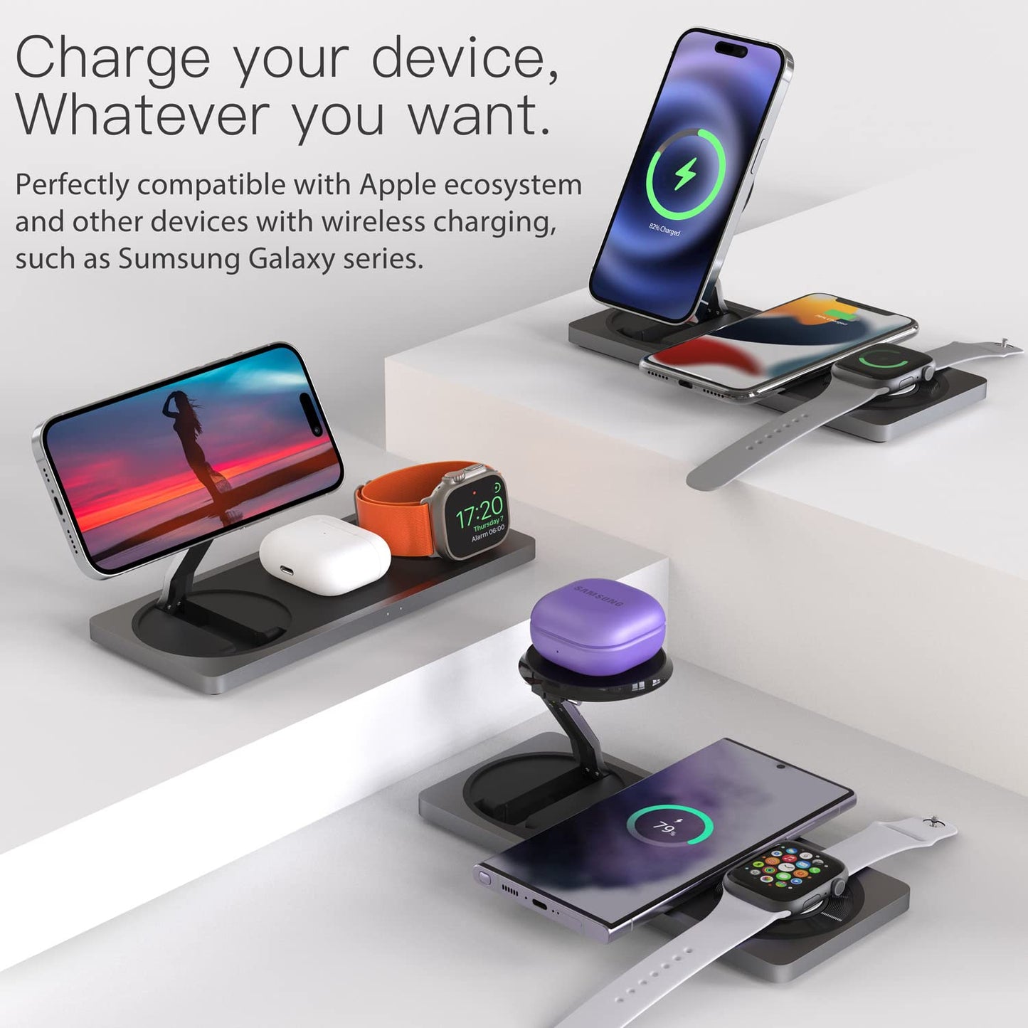 Base de Carga Inalámbrica PETINO Negra 3 en 1 para iPhone, Apple Watch y AirPods