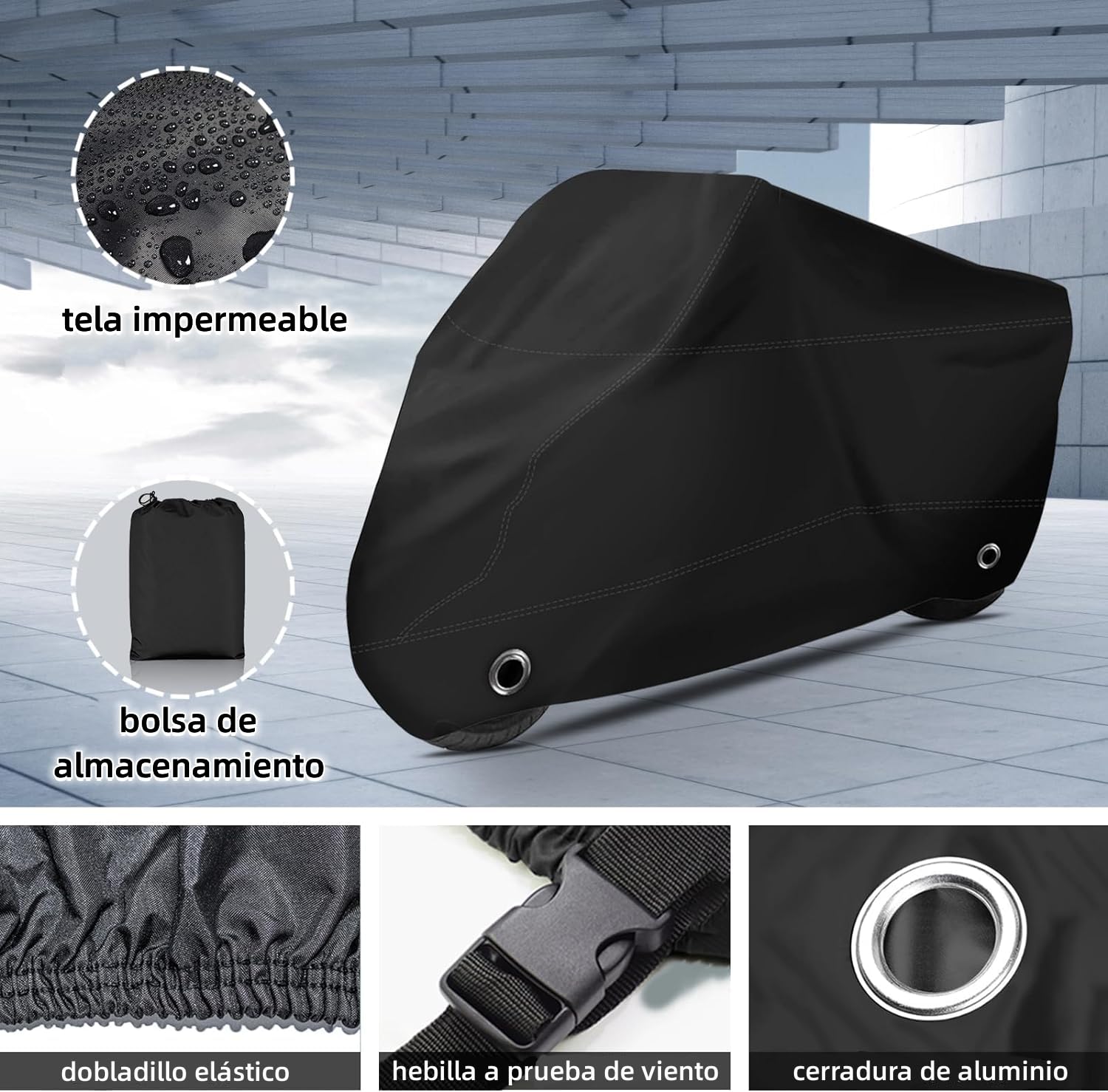 Balabow Cubierta de Motocicleta, Funda para Moto Impermeable, Motocicleta Protectora Poliéster para Motocicletas como Honda, Yamaha, Suzuki, Harley y más (Negro, XL)