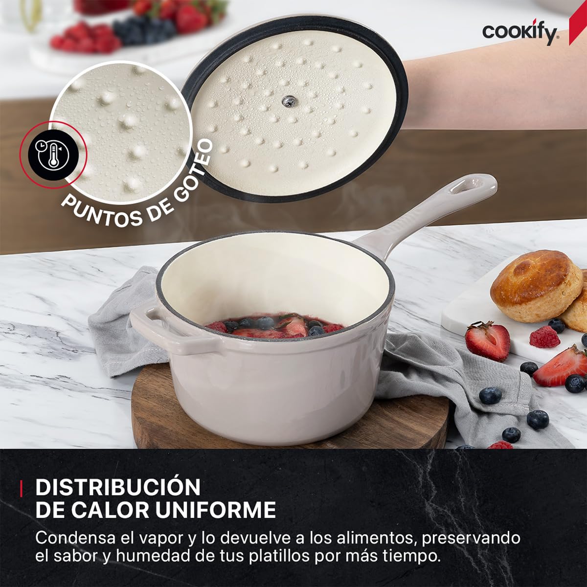 Cookify Olla de Hierro Fundido Esmaltado para Horno y Estufa, Capacidad 1.5 Litros (Taupe, 17 cm)