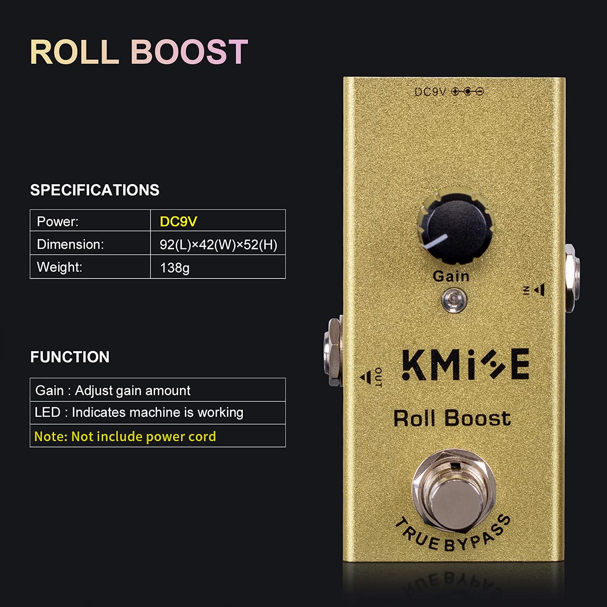 lotmusic Pedal de efectos de guitarra eléctrica Mini tipo único DC 9V True Bypass (Roll Boost)