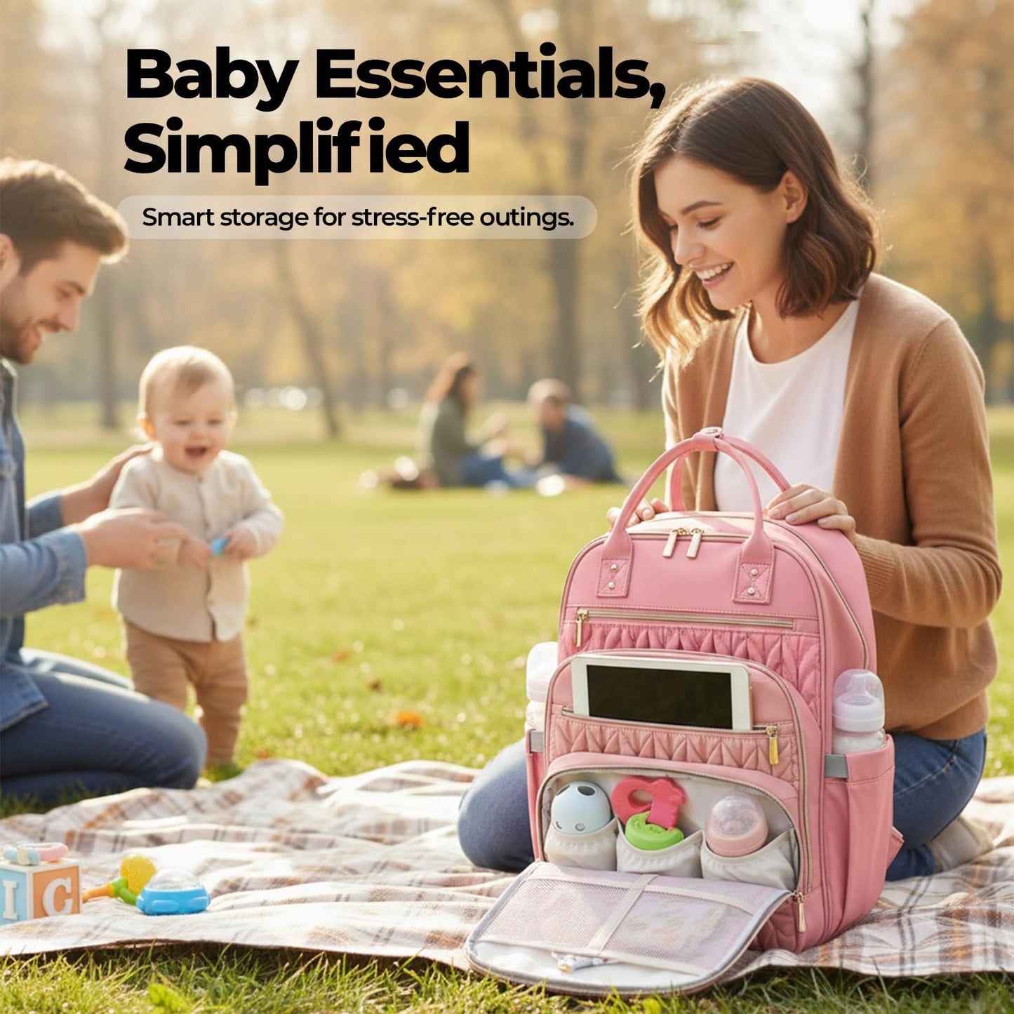 Jubily - Mochila para pañales de 30 L, impermeable, con 5 compartimentos, 20 bolsillos, ranura para portátil y cambiador (rosa)