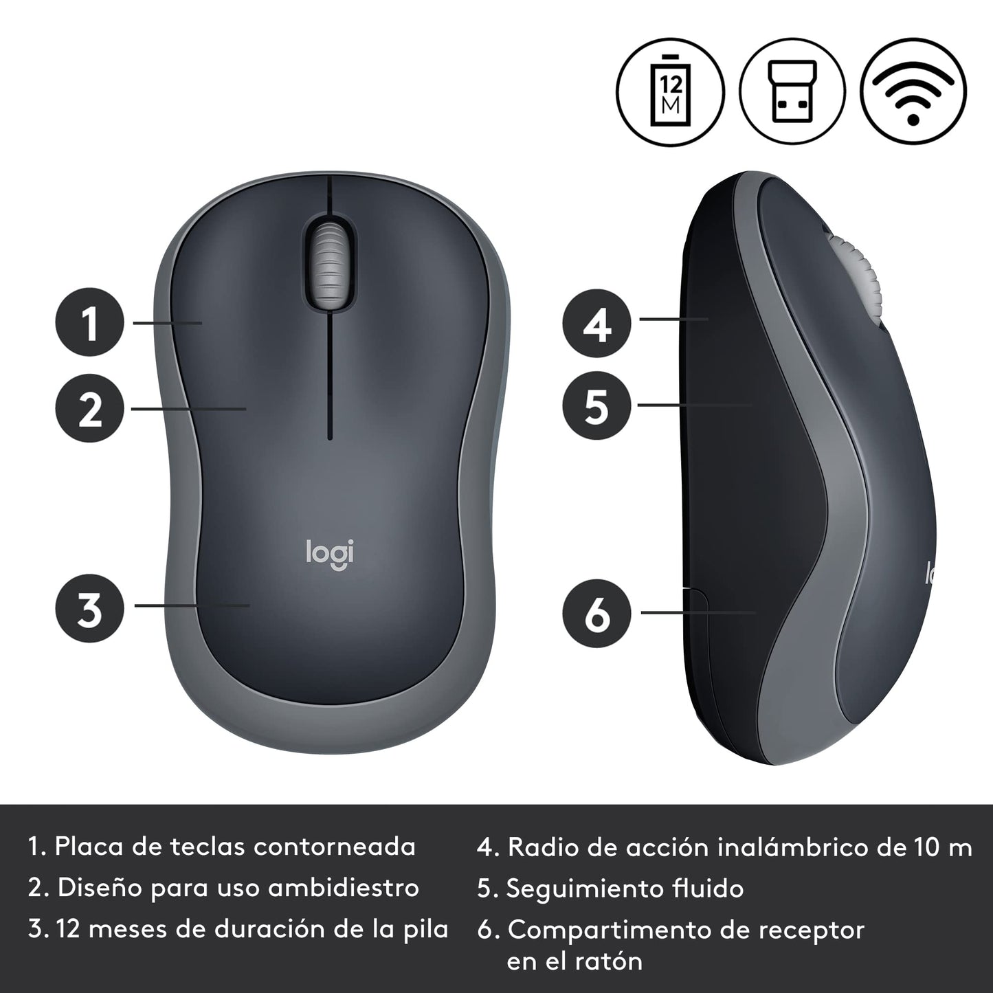 Logitech M185 Mouse Inalámbrico, 2.4GHz con Mini Receptor USB, Batería de 12 Meses, Seguimiento Óptico con Resolución de 1000 dpi, Ambidiestro, Compatible con PC, Mac, Laptop - Negro/Gris