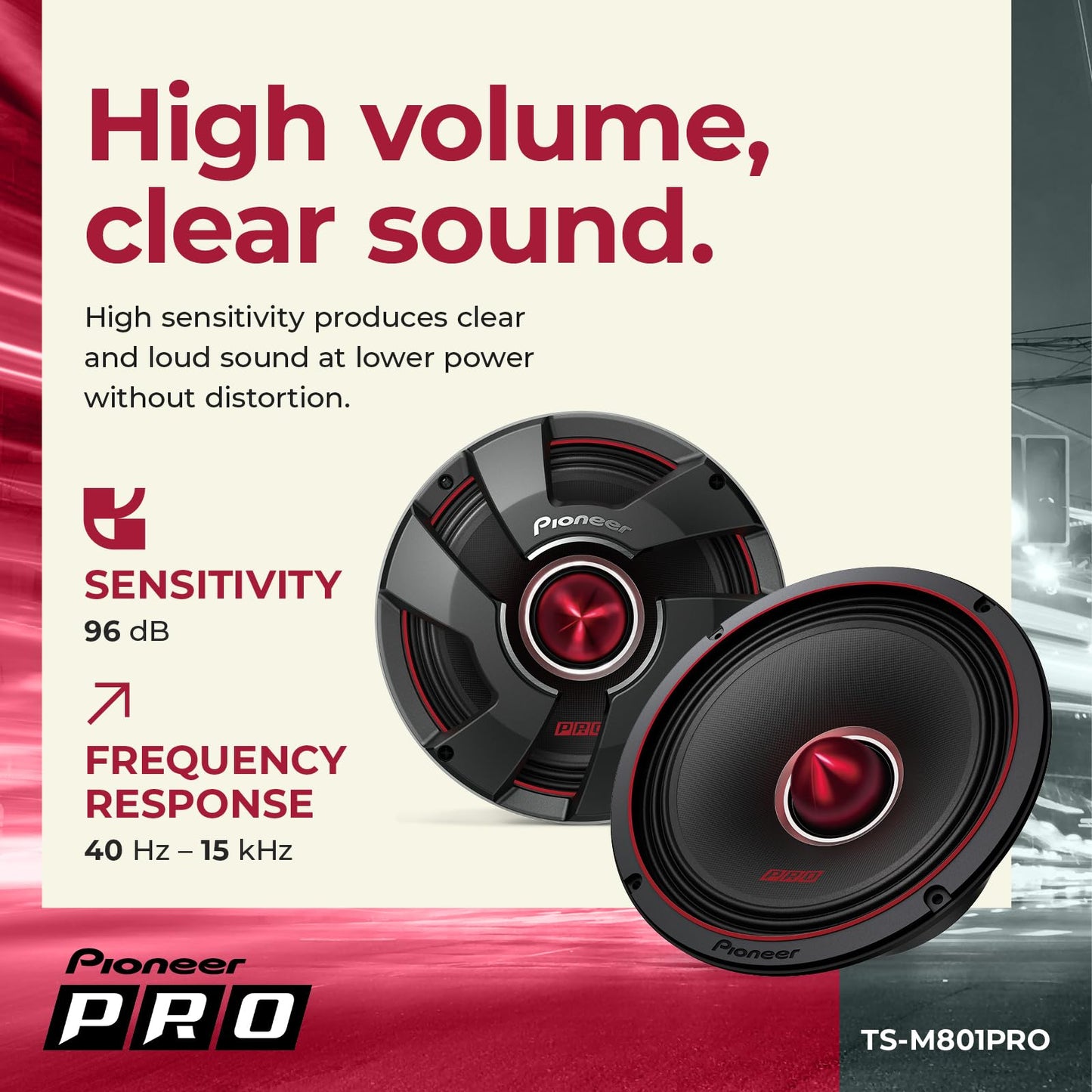 Altavoces de Coche Pioneer TS-M801PRO Negro Rango Completo de 8 Pulgadas con Sonido Claro y Graves Mejorados