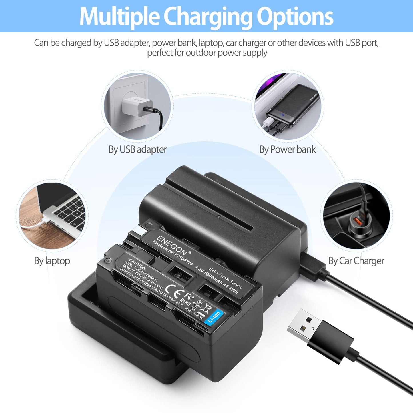 Batería de Repuesto ENEGON NP-F750 5600mAh y Cargador USB Smart LED para Sony y Led Light