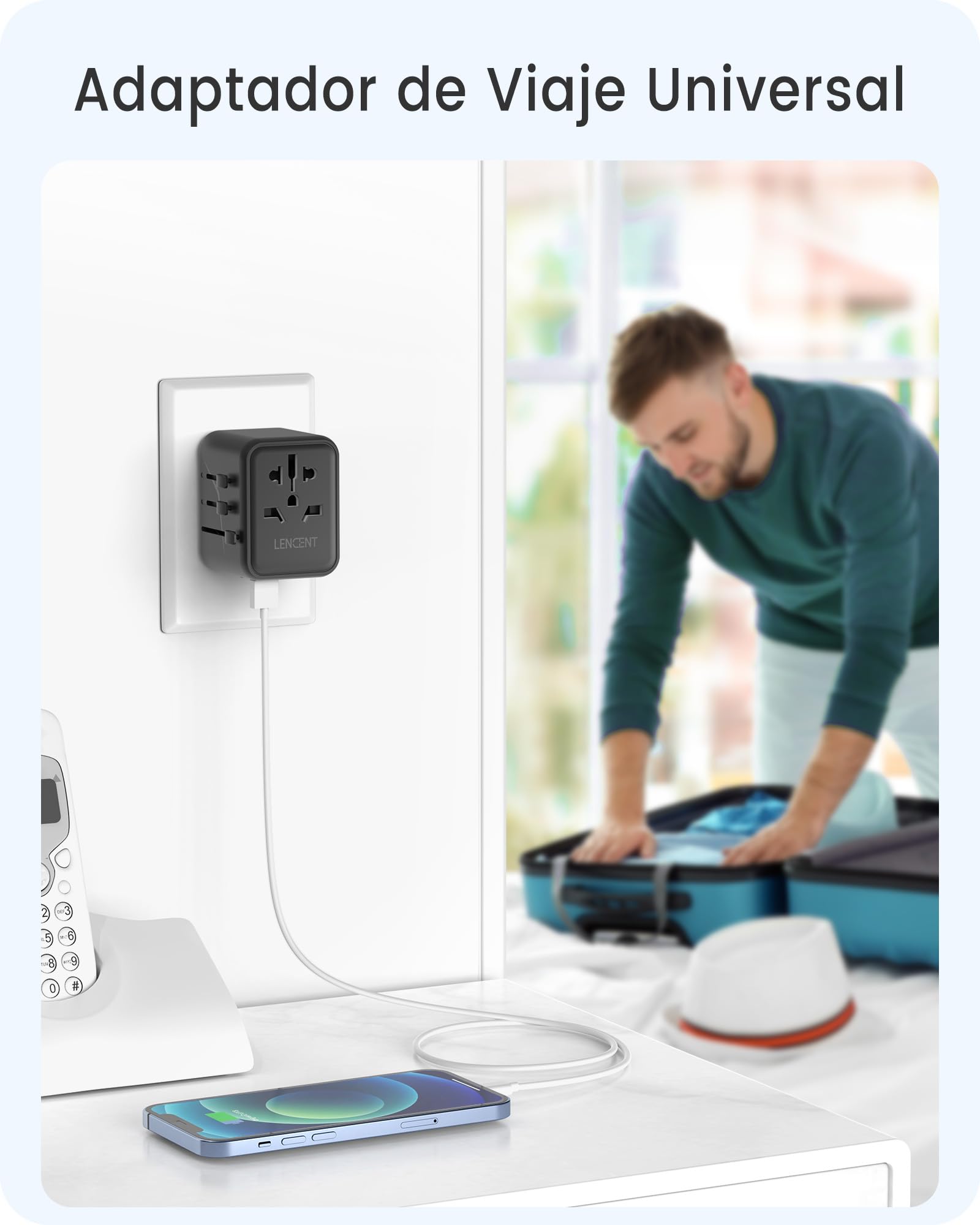 LENCENT Adaptador Enchufe Universal, Enchufe Internacional con 2 Puertos USB, Cargador de Viaje para Europa, Americano, Canadá, Reino Unido, Australia, Adaptador Viaje para Más de 200 Países, Negro