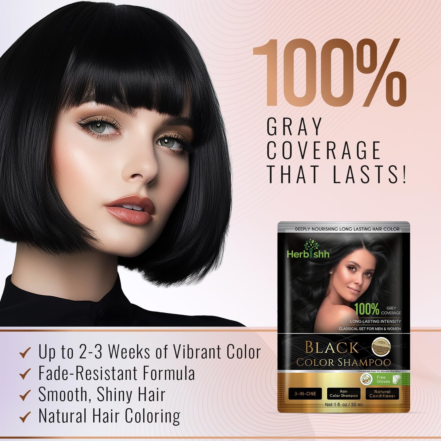 Herbishh Hair Color Shampoo for Gray Hair– Hair Dye Shampoo with Argan Hair Mask–Tamaño de viaje-Tiñe el cabello en minutos–Color de larga duración–10pack+1pack (Black)