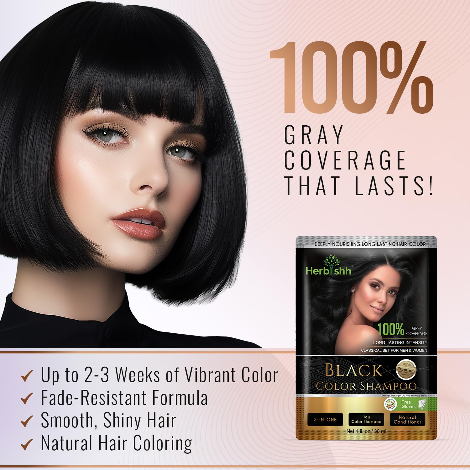 Herbishh Hair Color Shampoo for Gray Hair– Hair Dye Shampoo with Argan Hair Mask–Tamaño de viaje-Tiñe el cabello en minutos–Color de larga duración–10pack+1pack (Black)
