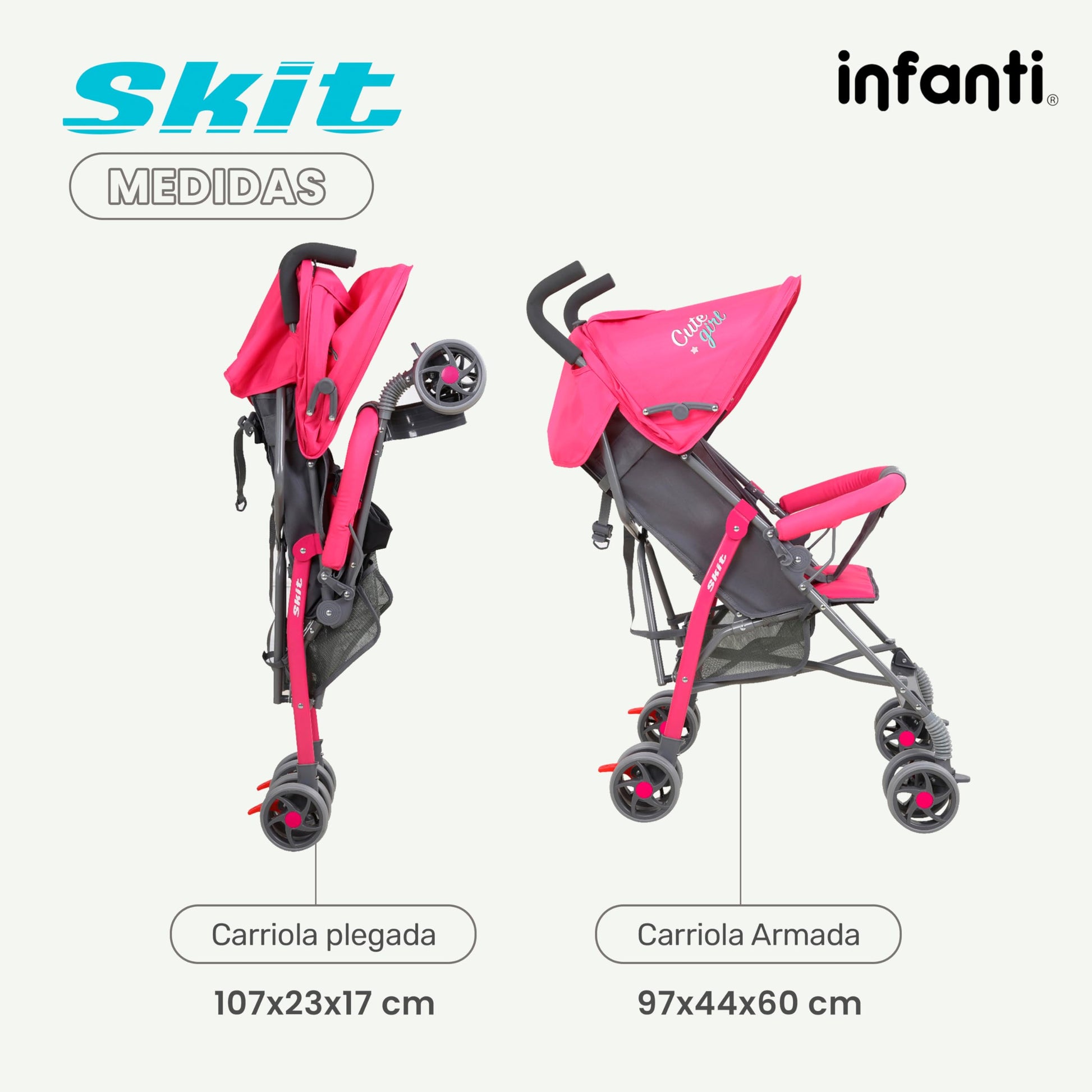 INFANTI | Carriola para Bebe de Baston SKIT | Carriola de Viaje - Carrito para Bebe | Cosas para Bebes 6 Meses hasta 15 kg - Compacta y Plegable | Carriola de Baston Ligera con Arnés de Seguridad