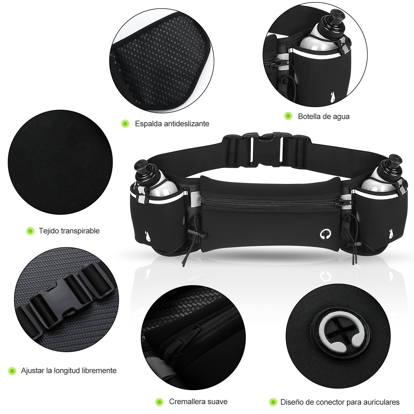 Cangurera Deportiva,HONGHCL Riñonera Deportiva con 2 Botellas de Agua,Cangurera Deportiva para Correr,Bolsa Deportiva con Cinturón Regulable,Bolsillos de Auricular y Teléfono(Negro)
