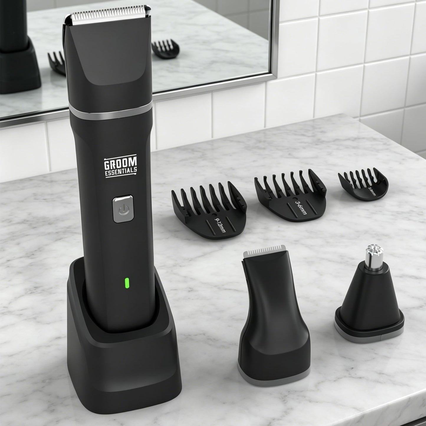 Groom Essentials - Maquinilla de afeitar eléctrica para hombre con base de carga, afeitadora de cuerpo completo en seco y húmedo, juego de afeitado con recortador de barba y nariz, instrucciones de