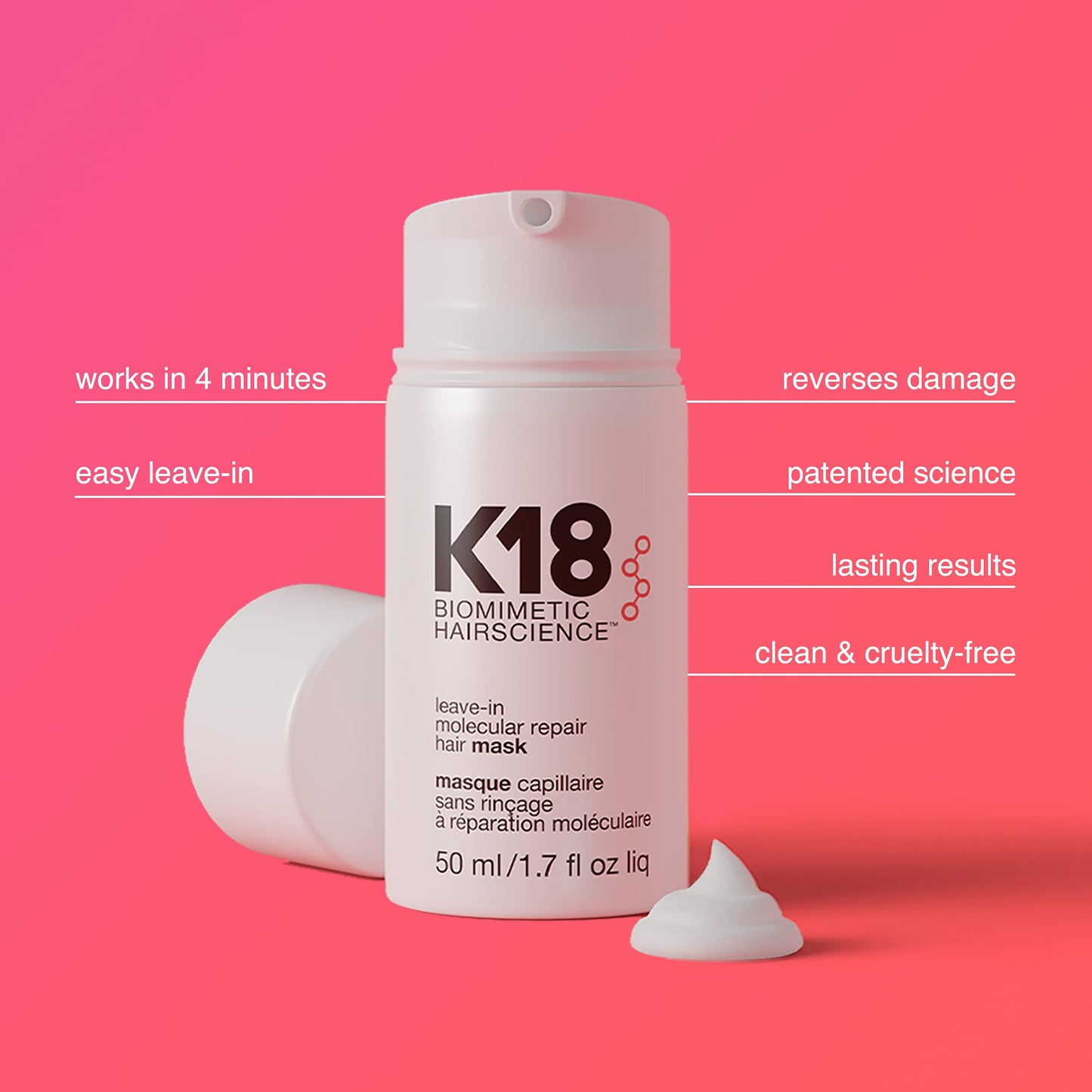 K18 Hair - Mascarilla capilar reparadora molecular Leave-In, máscara unisex, 1.7 oz