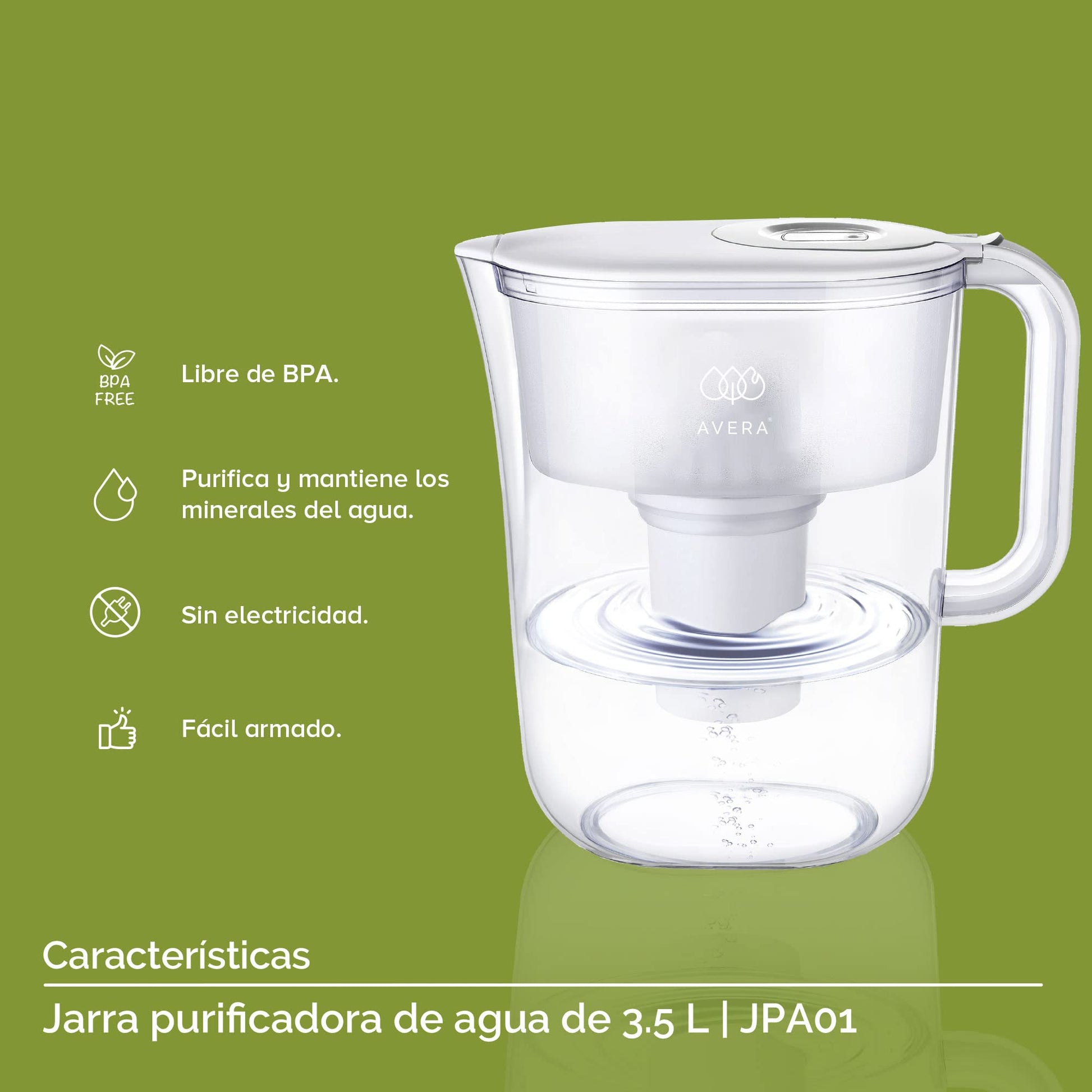 AVERA Jarra de agua con filtro de carbono activado con 4 etapas de filtrado, Agua pura y libre de materiales pesados, Capacidad de 3.5L | JPA01