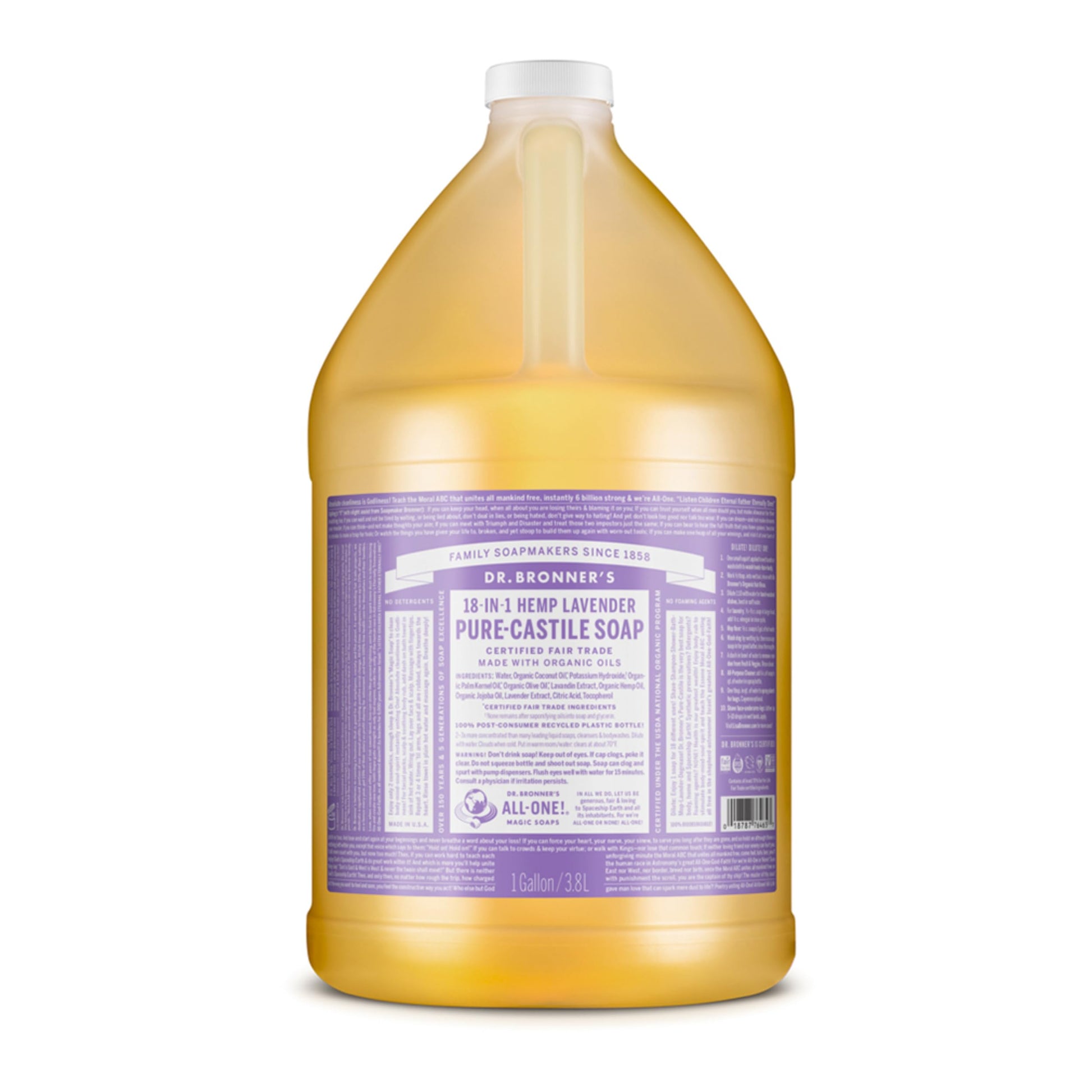 Dr. Bronner's | Jabón de castilla orgánico multiusos, ideal para todo el cuerpo, 100% biodegradable con aceite esencial relajante de Lavanda 3.8 L