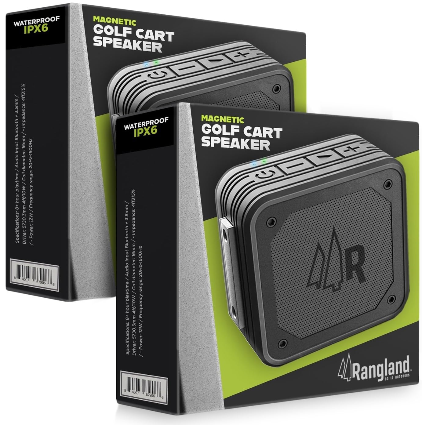 RANGLAND - Altavoces magnéticos Bluetooth estéreo de doble emparejamiento para carritos de golf (paquete de 2) impermeables, IPX6, sonido envolvente inalámbrico con soporte de barra magnética