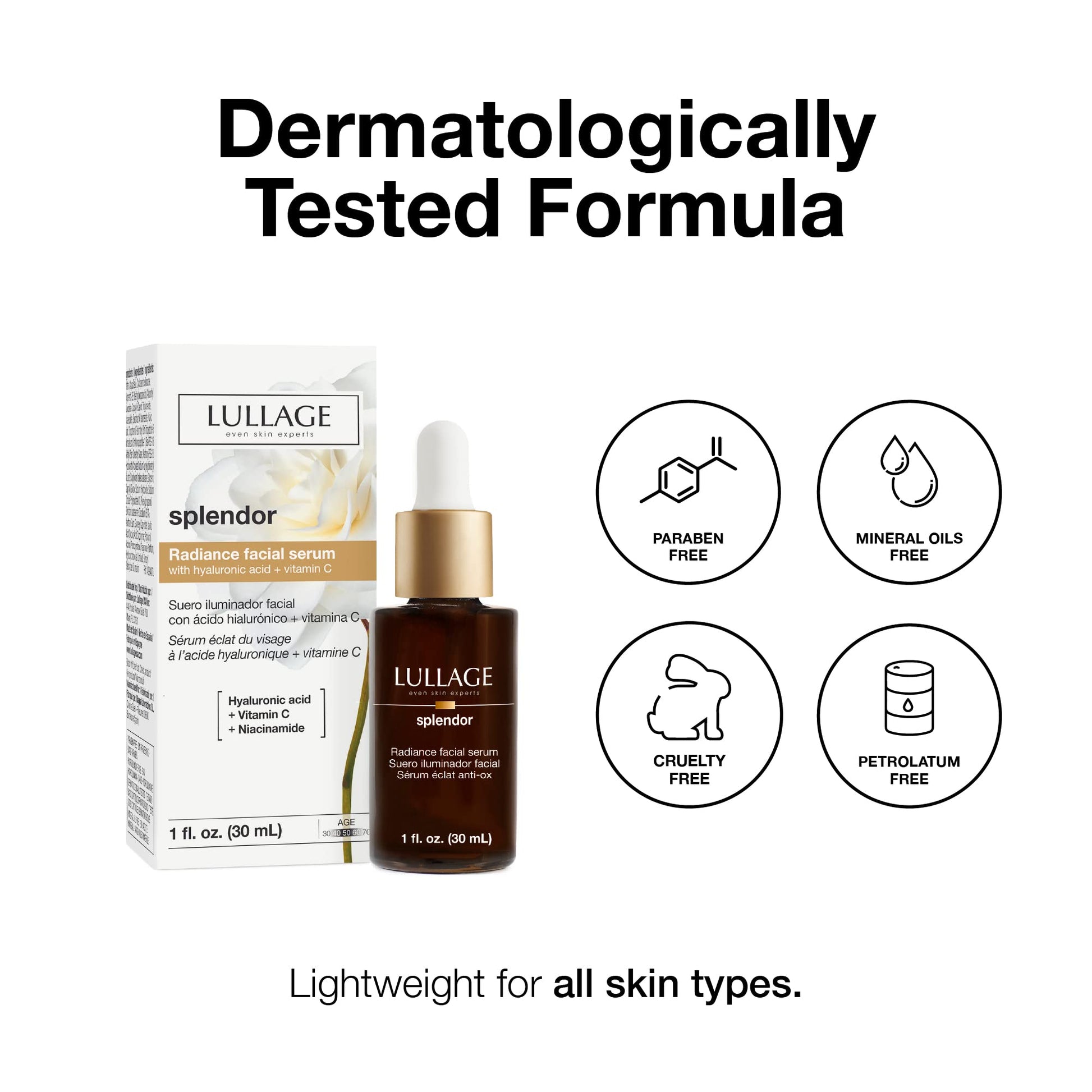 LULLAGE, Splendor, Dropper, Suero Iluminador Facial, Tratamiento Facial Anti-edad, Aclara, Revitaliza, Hidrata, con Ácido Hialurónico, Vitamina C, 30 ml