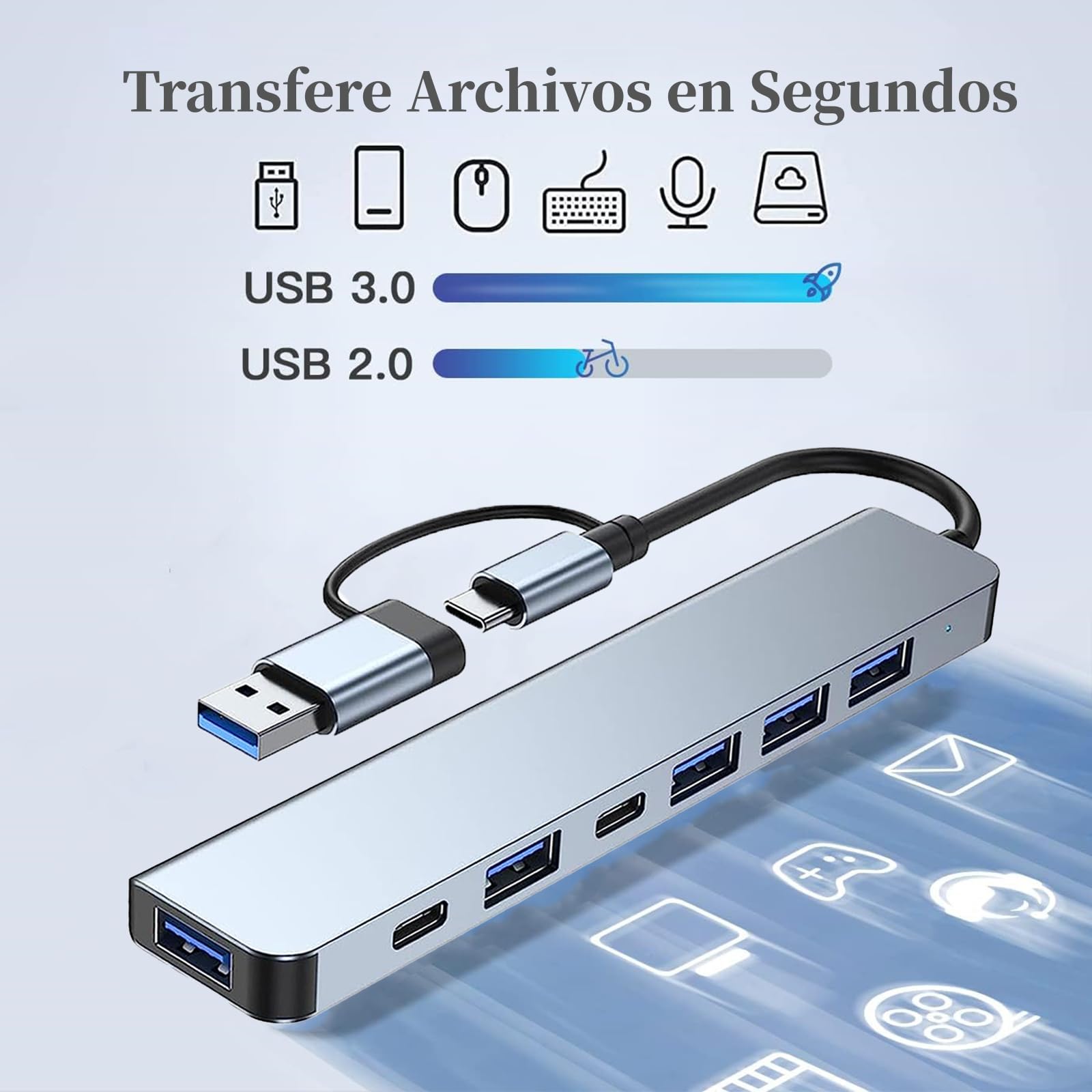Hub USB C,7 en 2 Adaptador Multipuerto USB C,USB Extension con 1 USB Puertos 3.0,4 USB Puertos 2.0,2 USB C Puertos DC y Data,Ultradelgado Convertidor 7 en 2