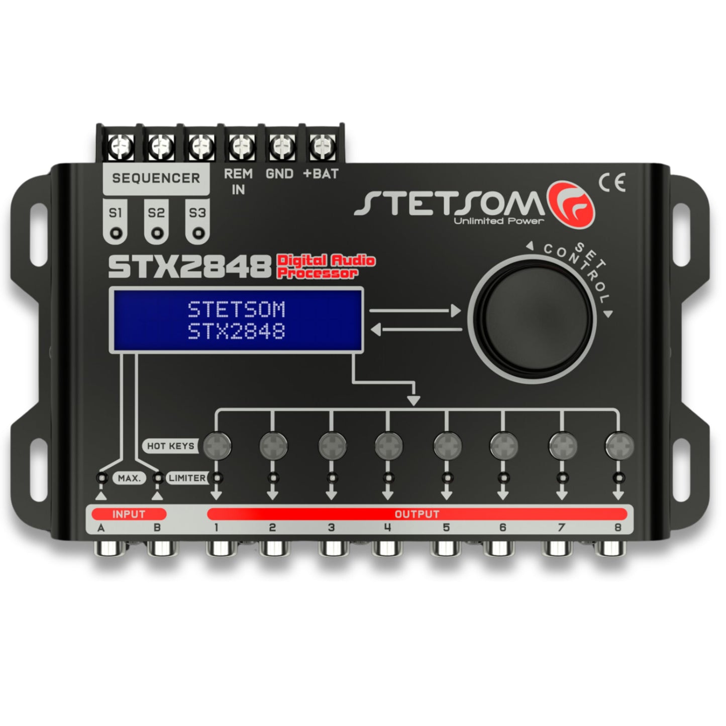 Stetsom STX 2848 DSP Crossover & Equalizer Procesador de señal Digital Completo de 8 Canales (secuenciador) Relé Remoto 2.8