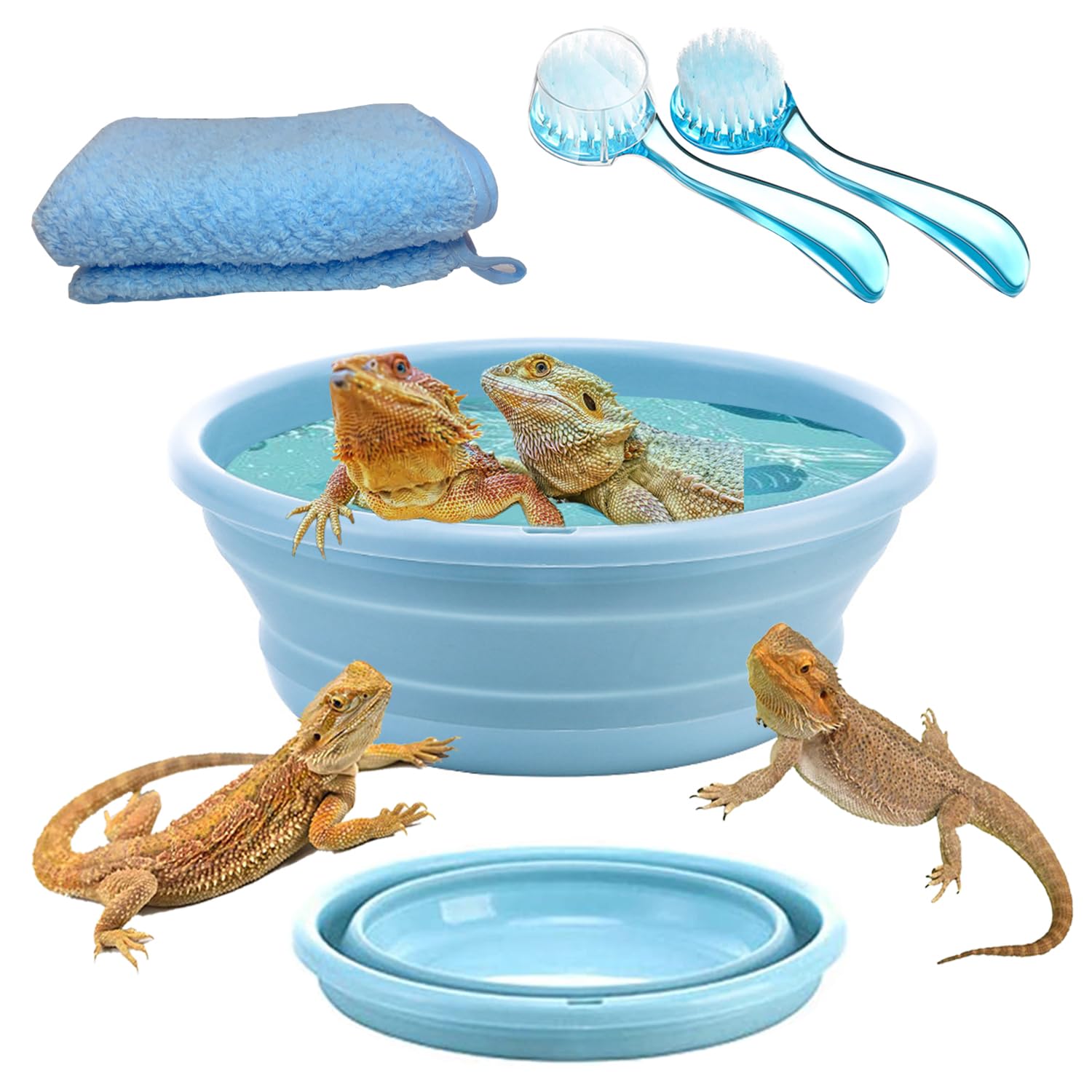 tina plegable de dragón barbudo con 2 cepillos de baño de reptil y 1 toalla de lagarto, accesorios de dragón barbudo, jacuzzi de dragón barbudo para dragón barbudo, gecko, camaleón, piscina de dragón