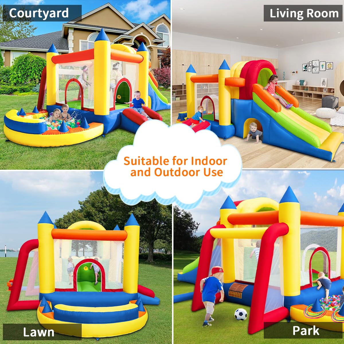 Hongcoral - Castillo inflable 8 en 1 con soplador grande para niños y niños, con dos toboganes inflables para interiores y exteriores, con dos toboganes