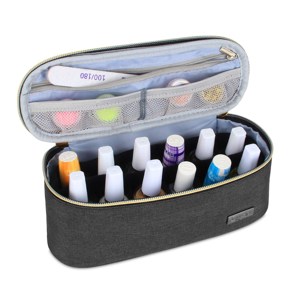 Luxja - Organizador de esmalte de uñas, capacidad para 12 botellas (15 ml - 0.5 fl.oz), estuche de esmalte de uñas para esmalte y herramientas pequeñas, color negro
