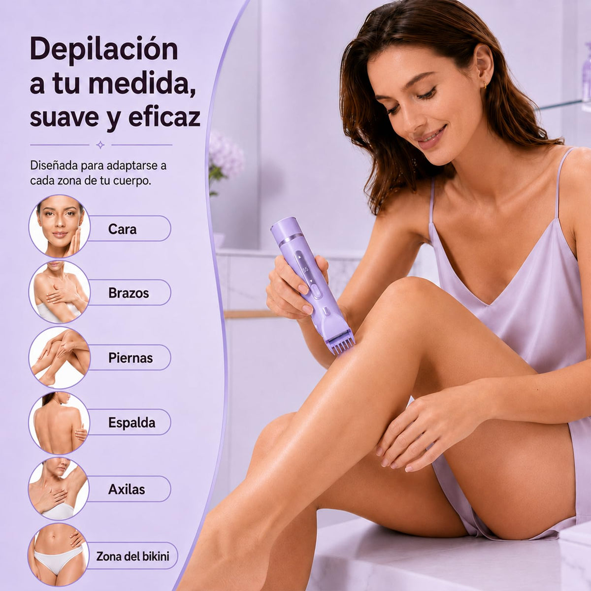 2 En 1 Maquina para depilar mujer, rasuradora eléctrica mujers, con Luces Auxiliares, Doble Cabezal | Recargable Type-C e IPX7, para Bikini Facial Brazos Axilas (Morado)