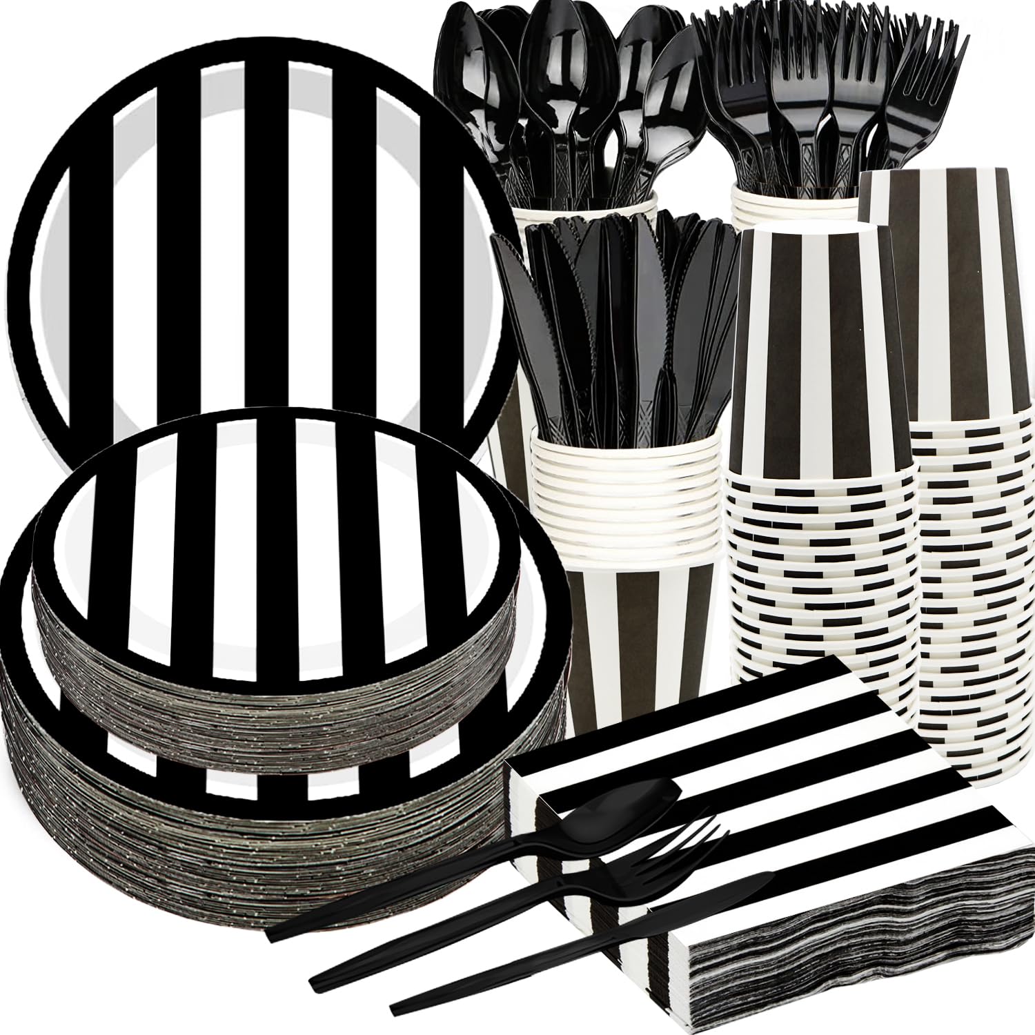 Suministros de Fiesta Serve25 Blanco y Negro Platos de Papel Rayados 175 Piezas