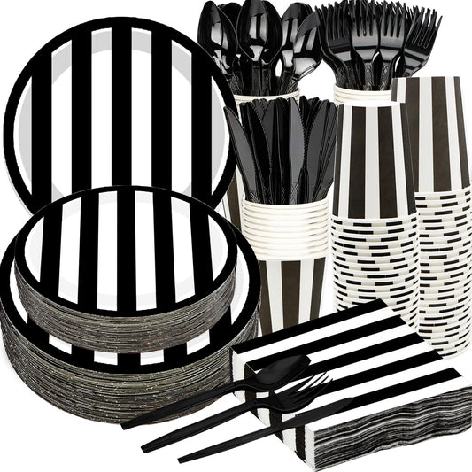 Suministros de Fiesta Serve25 Blanco y Negro Platos de Papel Rayados 175 Piezas