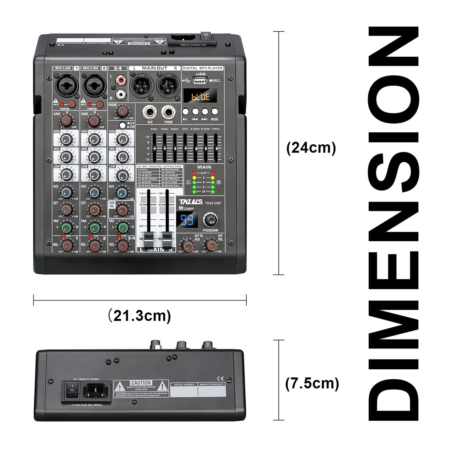 Mezclador de Audio TKLBLS Estéreo con Consola de Mezcla DSP de 4 Canales y Salida de EQ de 7 Bandas