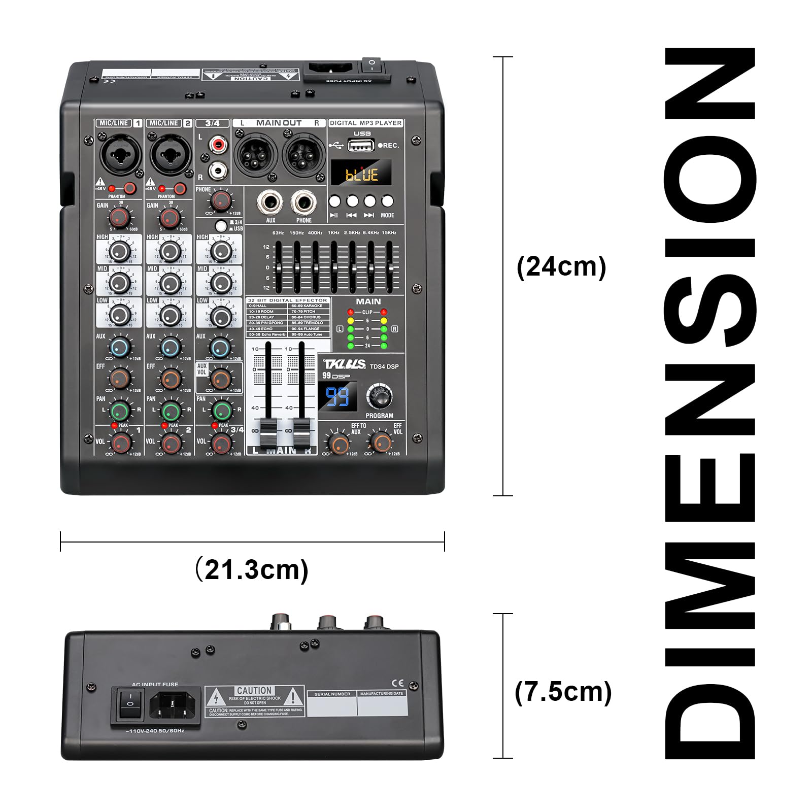 Mezclador de Audio TKLBLS Estéreo con Consola de Mezcla DSP de 4 Canales y Salida de EQ de 7 Bandas