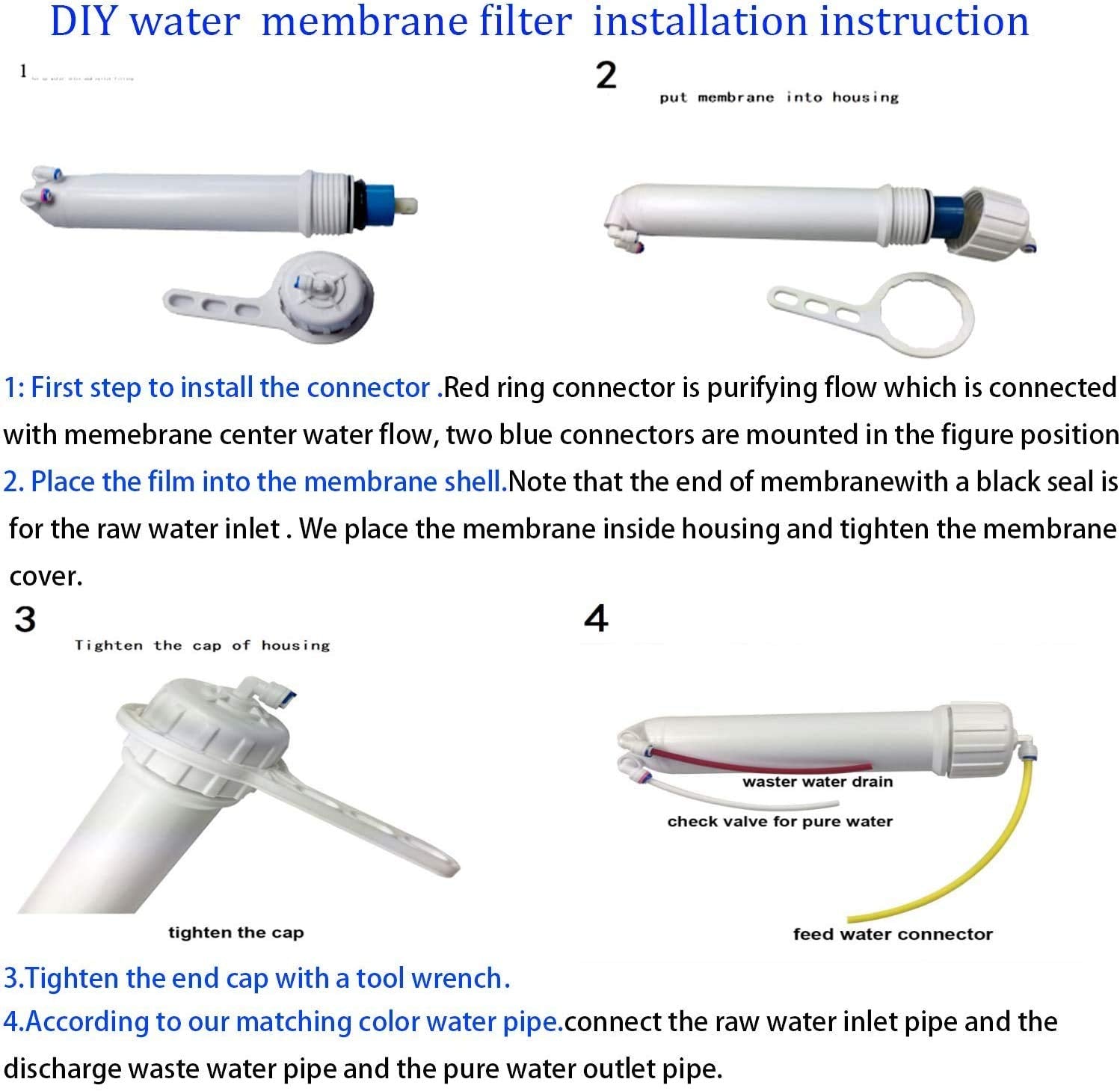Huining Membrana de ósmosis inversa 100GPD-1812/2012 RO Kit de carcasa de membrana con conector rápido 1/4, válvula de retención, tubo de agua, juego completo de llaves para sistema residencial de