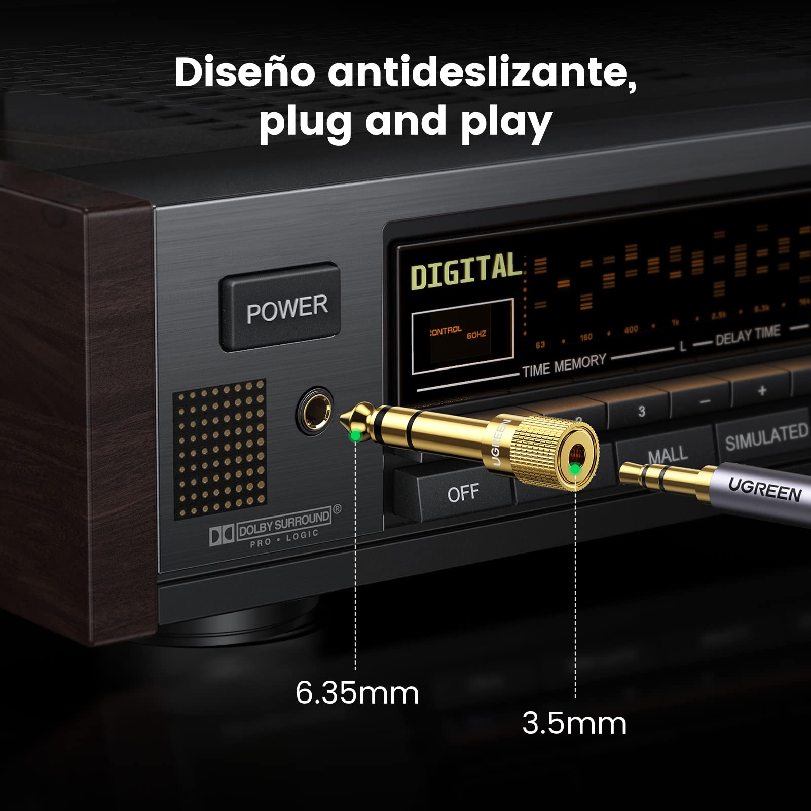 UGREEN Adaptador Convertidor de Audio Estéreo de Jack 3,5mm Hembra a 6,35mm Macho, Compatible con Guitarra, Altavoces, Mezclador, 5 Pack