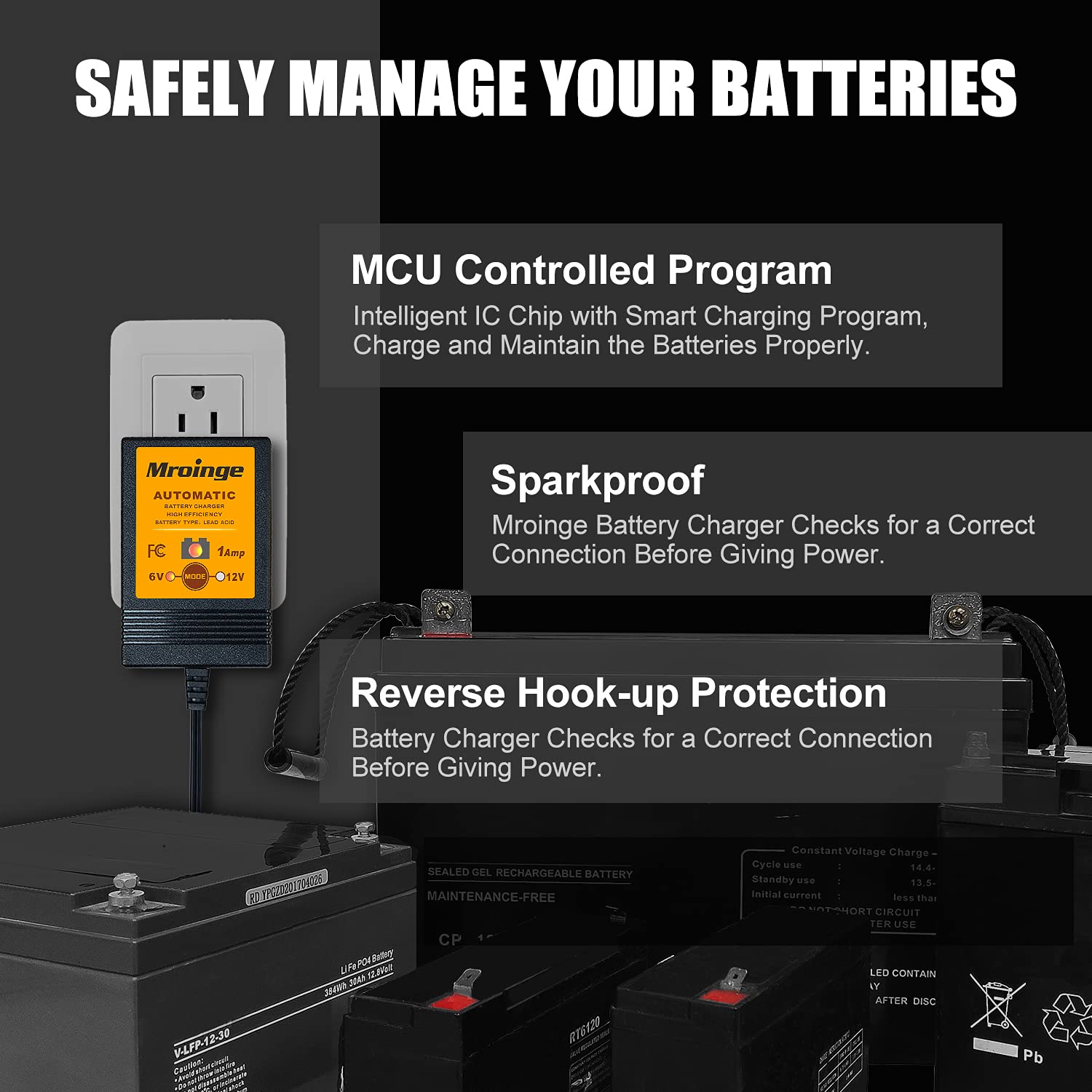 Mroinge Cargador y mantenedor de batería totalmente automático de 6 V/12 V 1 A para automóviles, motocicletas, cortacésped, ATV, RV, lancha, baterías selladas de gel AGM de ciclo profundo