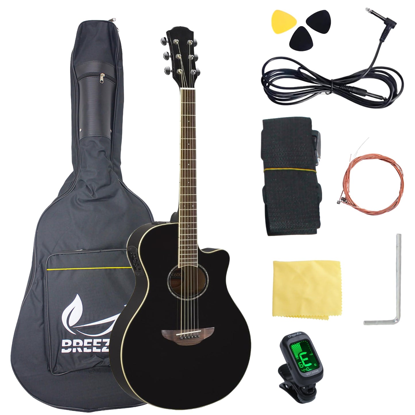 BREEZEE Guitarra Electroacústica de 41 Pulgadas con Cuerdas de Metal, Ecualizador de 4 Bandas, Incluye Funda, Afinador, Cuerdas Extra, Cable Auxiliar y Más, Guitarra Para Expertos Y Principiantes