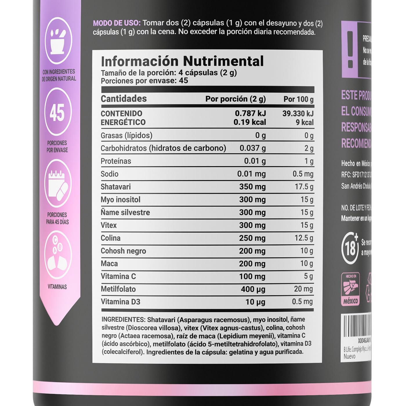 Complejo de Myo Inositol y Shatavari | Fertilidad | 180 Cápsulas| 1000 mg por porción. Adicionado con Ñame Silvestre, Maca, Vitex. Ingredientes Naturales. Ferty Blend B Life.