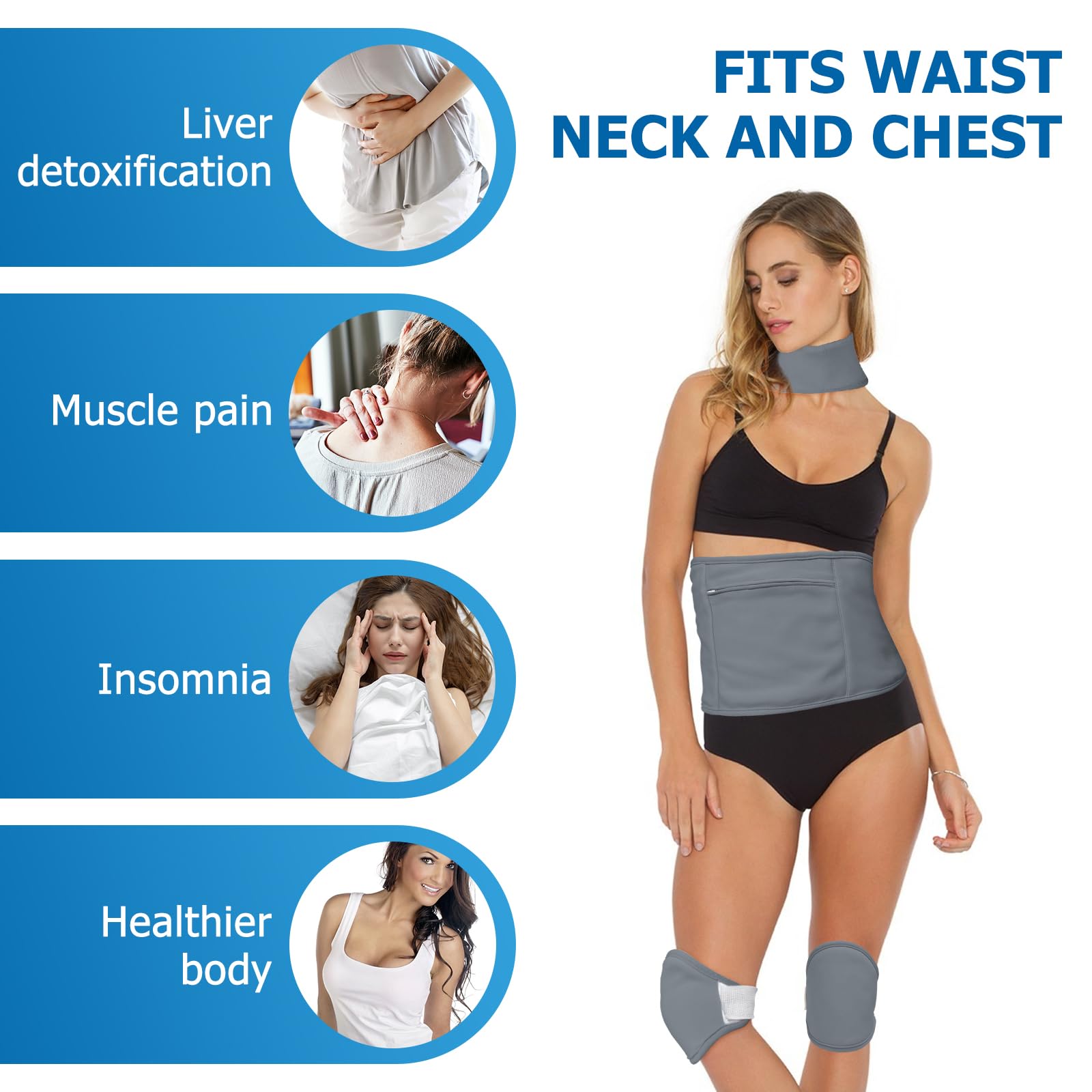 Paquete de 4 aceite de ricino para rodilla, cuello y abdomen, paquete de aceite de ricino reutilizable para abdomen con correa elástica ajustable, franela de algodón, lavable a máquina, antifugas de