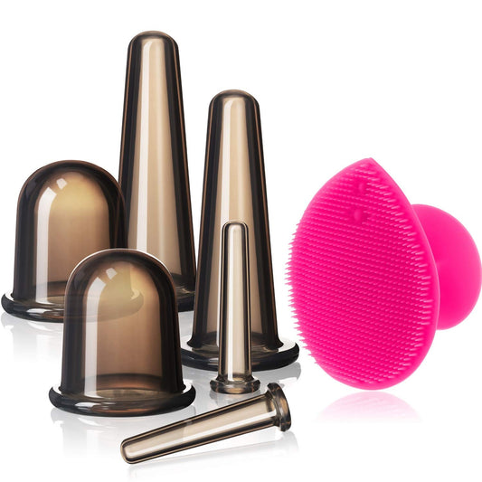 Juego de ventosas faciales para masaje facial y ojos, juego de tazas de silicona con cepillo exfoliante para la cara y el cuello (pequeño, mediano, grande, negro)
