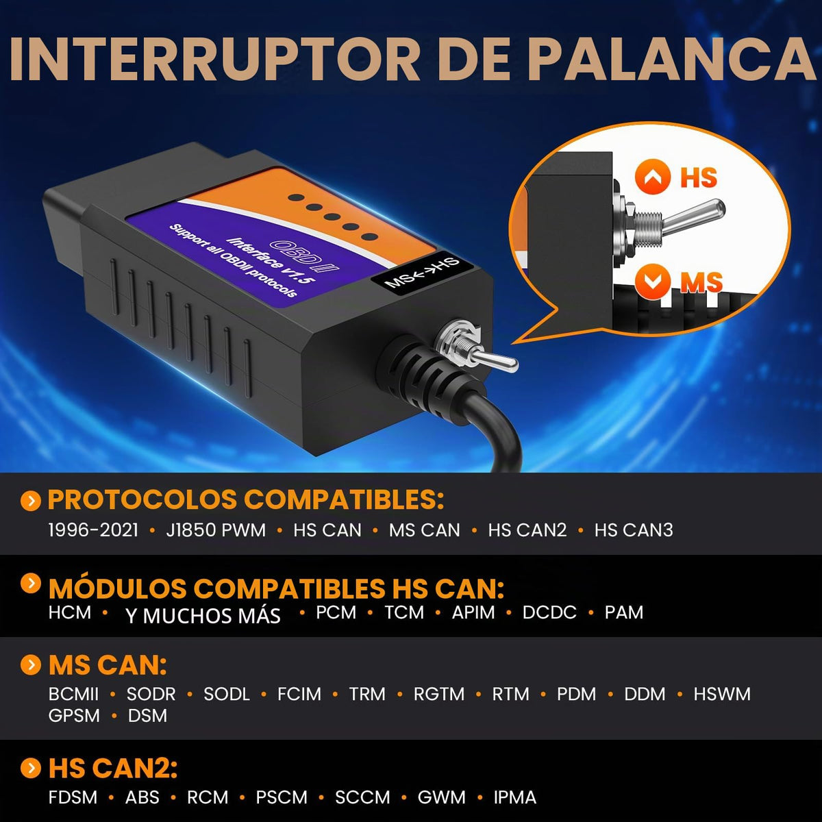 Adaptador USB ELMconfig ELM327 OBD2 Negro con Interruptor MS-CAN HS-CAN para Diagnóstico en Vehículos Ford Lincoln Mazda Mercury