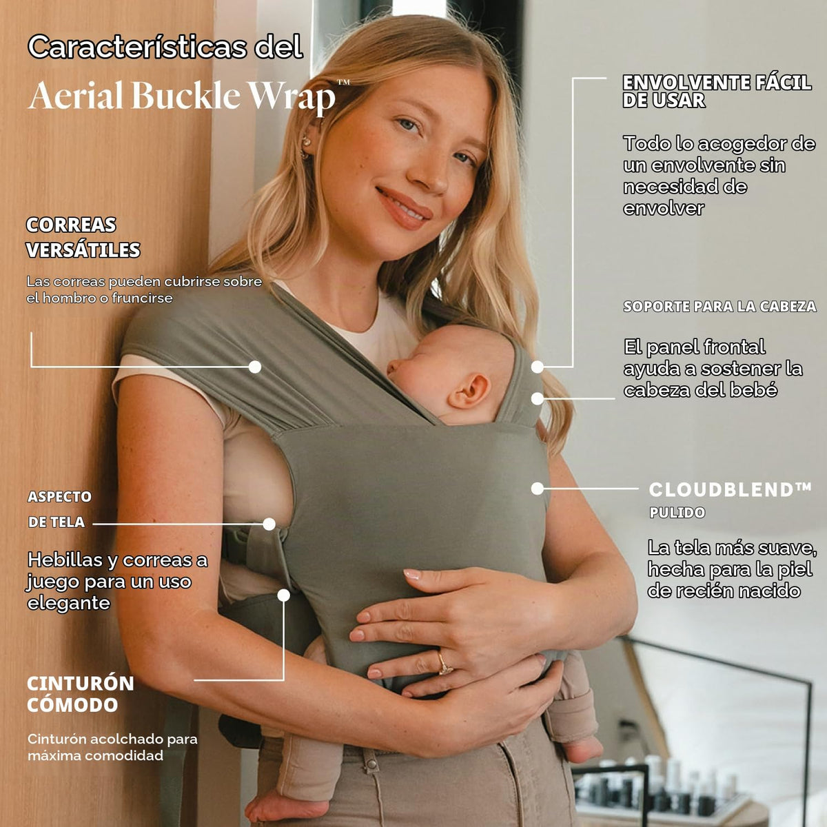 WildBird - Envoltura con Hebilla Aérea - Bebés 0-6 Meses - Grande (L-4XL) Acadian - Portabebés para Recién Nacido - Portada Frontal - Tela Suave, Correas, Soporte para la Cabeza, Cinturón de Cintura