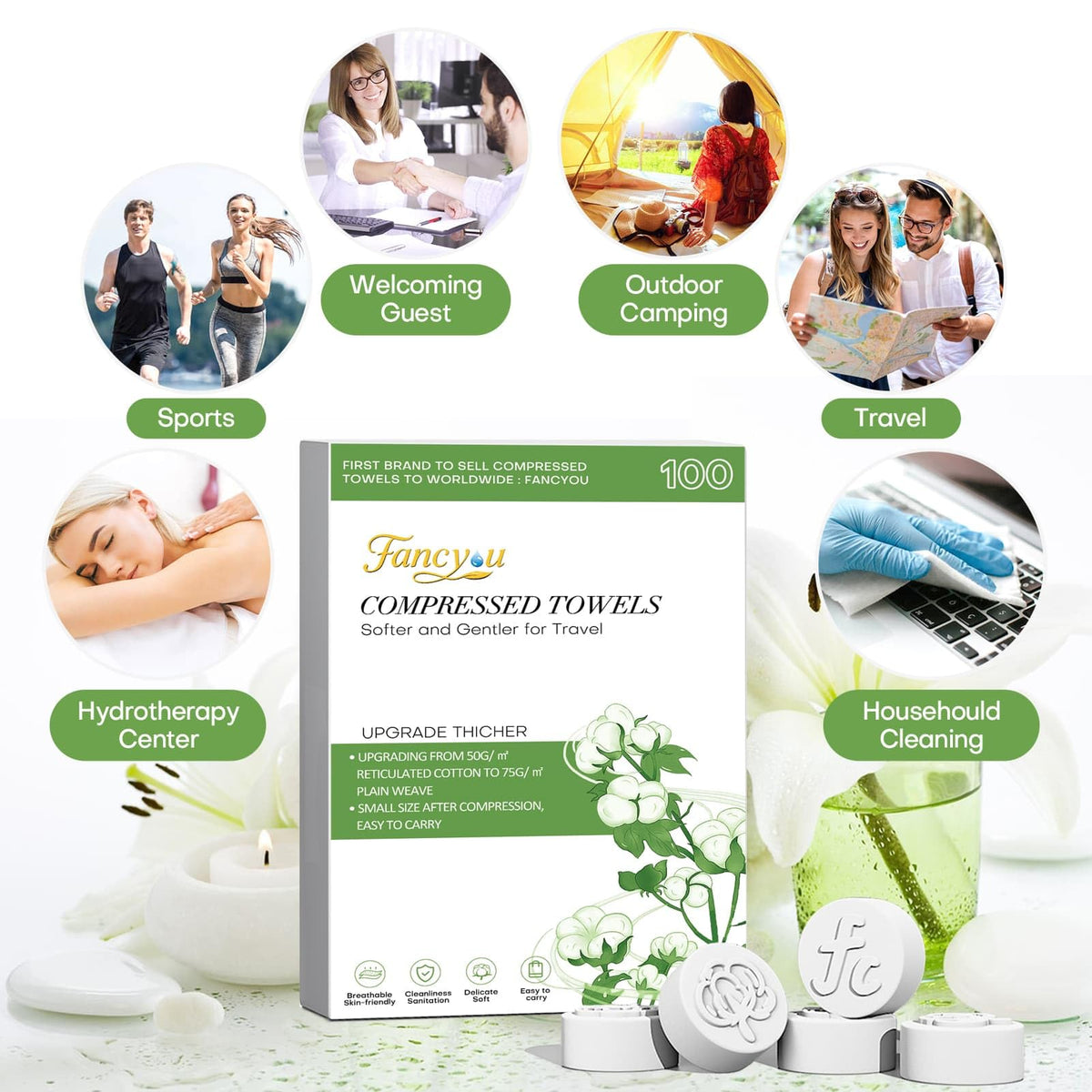 Fancyou Toalla Facial Desechable Comprimida Toallitas Desmaquillantes - Mini Paños Biodegradables Cara - Wipes Quitar Maquillaje Kit Viaje para Travel Essentials,Belleza Salón(100 Unidad Verde)