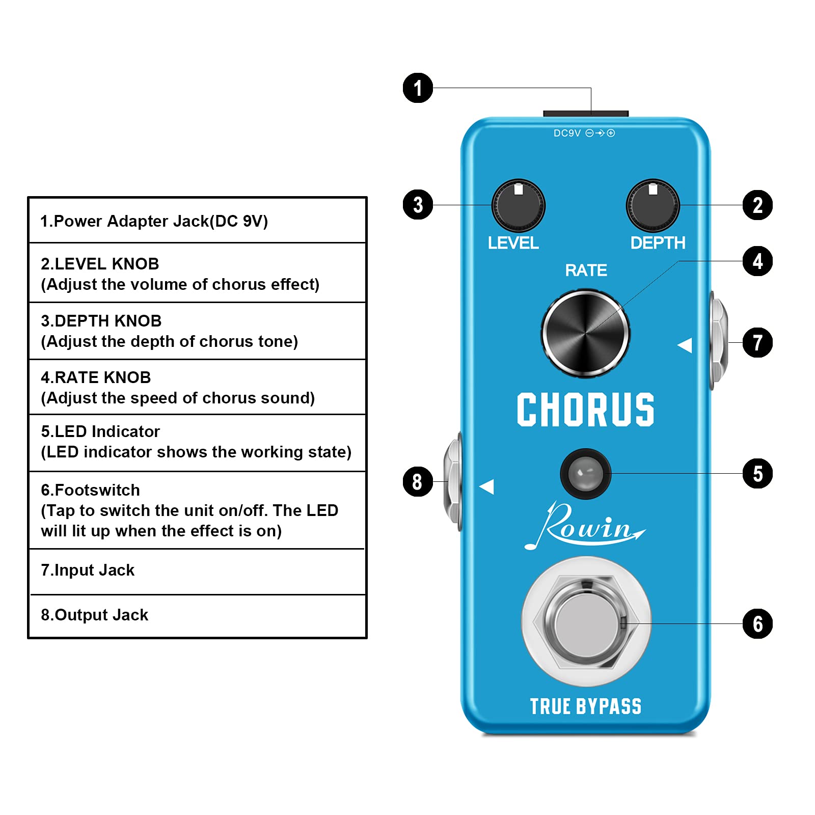 Pedal de Efectos Rowin Chorus analógico para Guitarra Eléctrica y Bajo