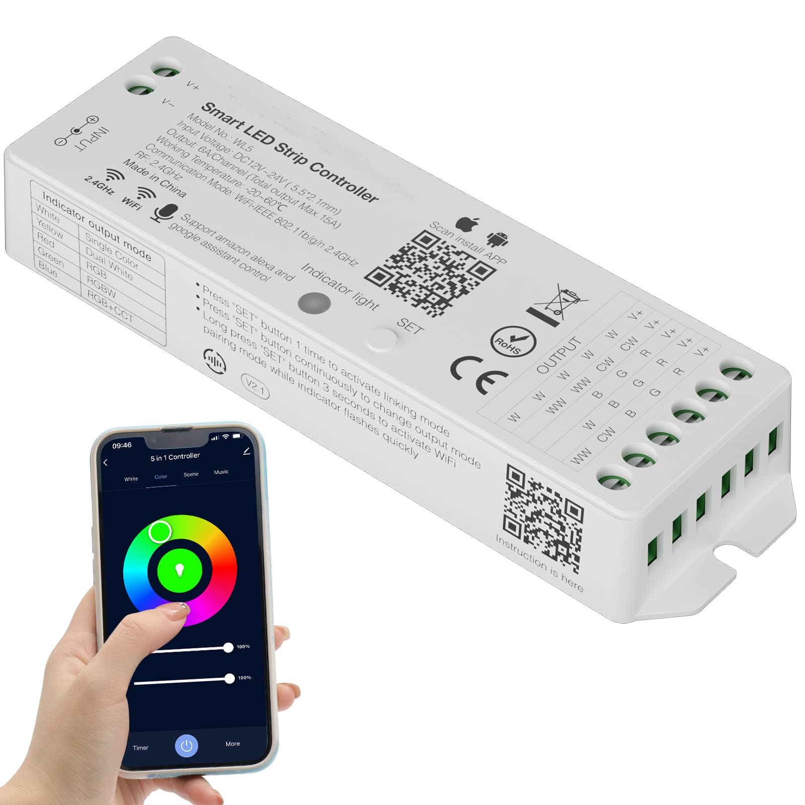 PAUTIX - driver LED WiFi 5 en 1 regulable para tira de luces LED monocromáticas CCT RGB RGBW RGBCCT compatible con Tuya APP/Smart Life/Alexa/Google Home/Siri, driver de luces DC12-24V (sin batería)